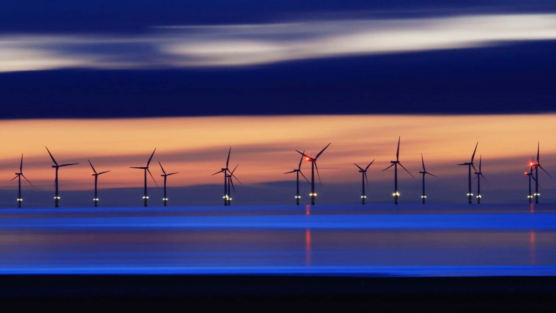 offshore wind turbines, vibrant twilight sky, calm blue waters, Full HD Desktop Wallpaper