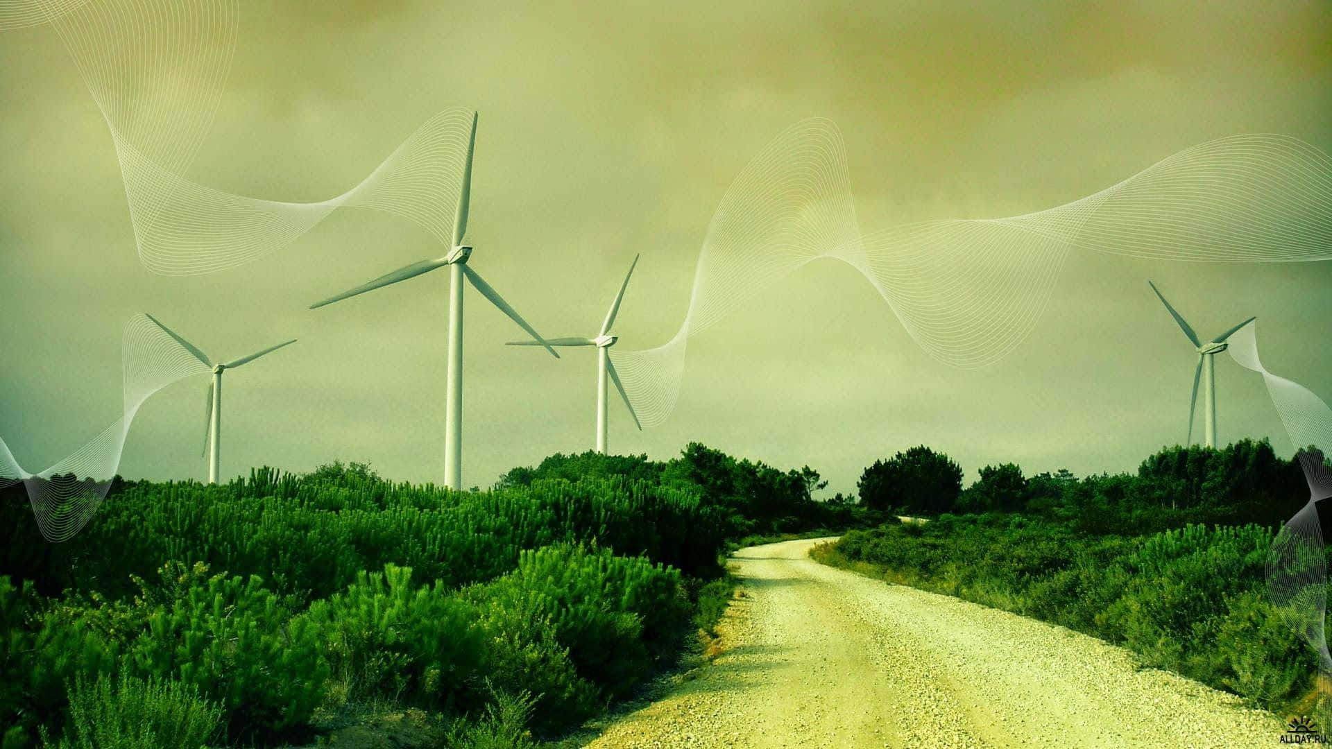 wind turbines, solar panels, dirt road, Full HD Desktop Wallpaper