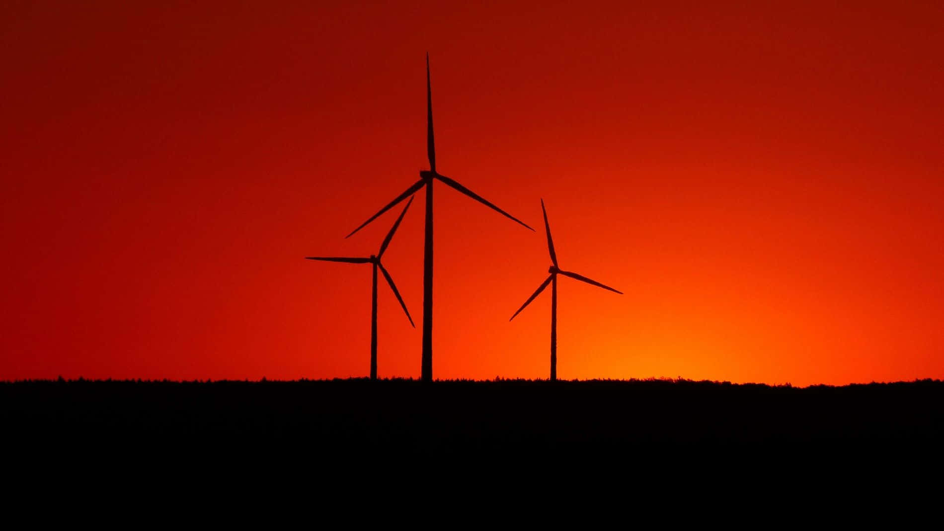 wind turbines, fiery orange and red sunset sky, dark silhouettes, HD Desktop Wallpaper
