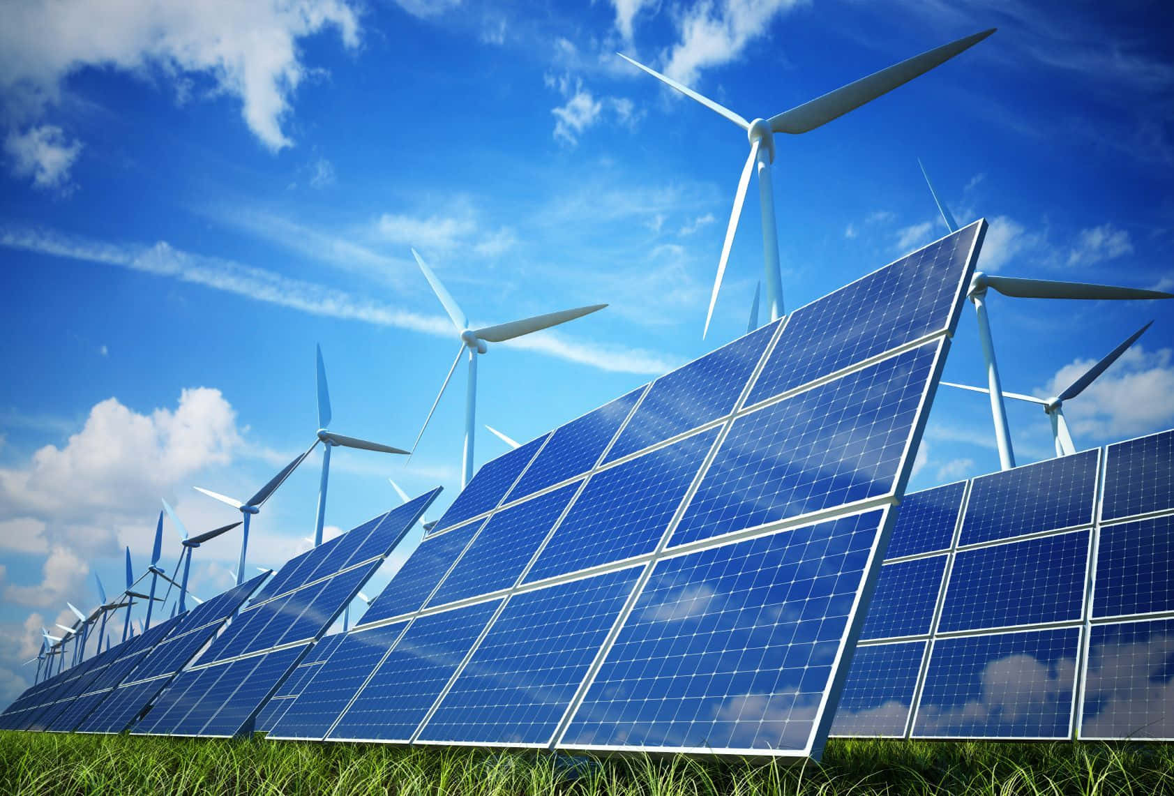 wind turbines, sunset, blue solar panels, HD Desktop Wallpaper