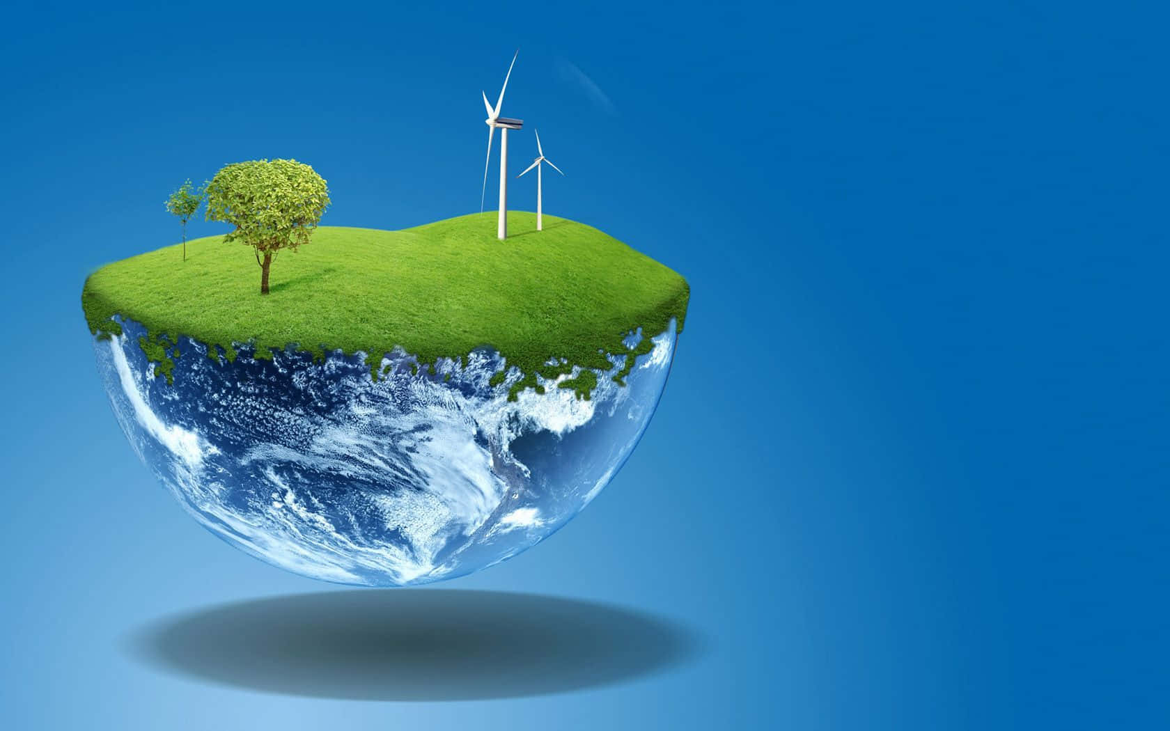 wind turbine, sunset sky, floating half-earth globe, HD Desktop Wallpaper