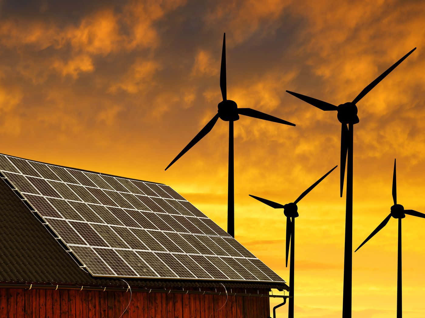 wind turbines, solar panels, barn roof, HD Desktop Wallpaper