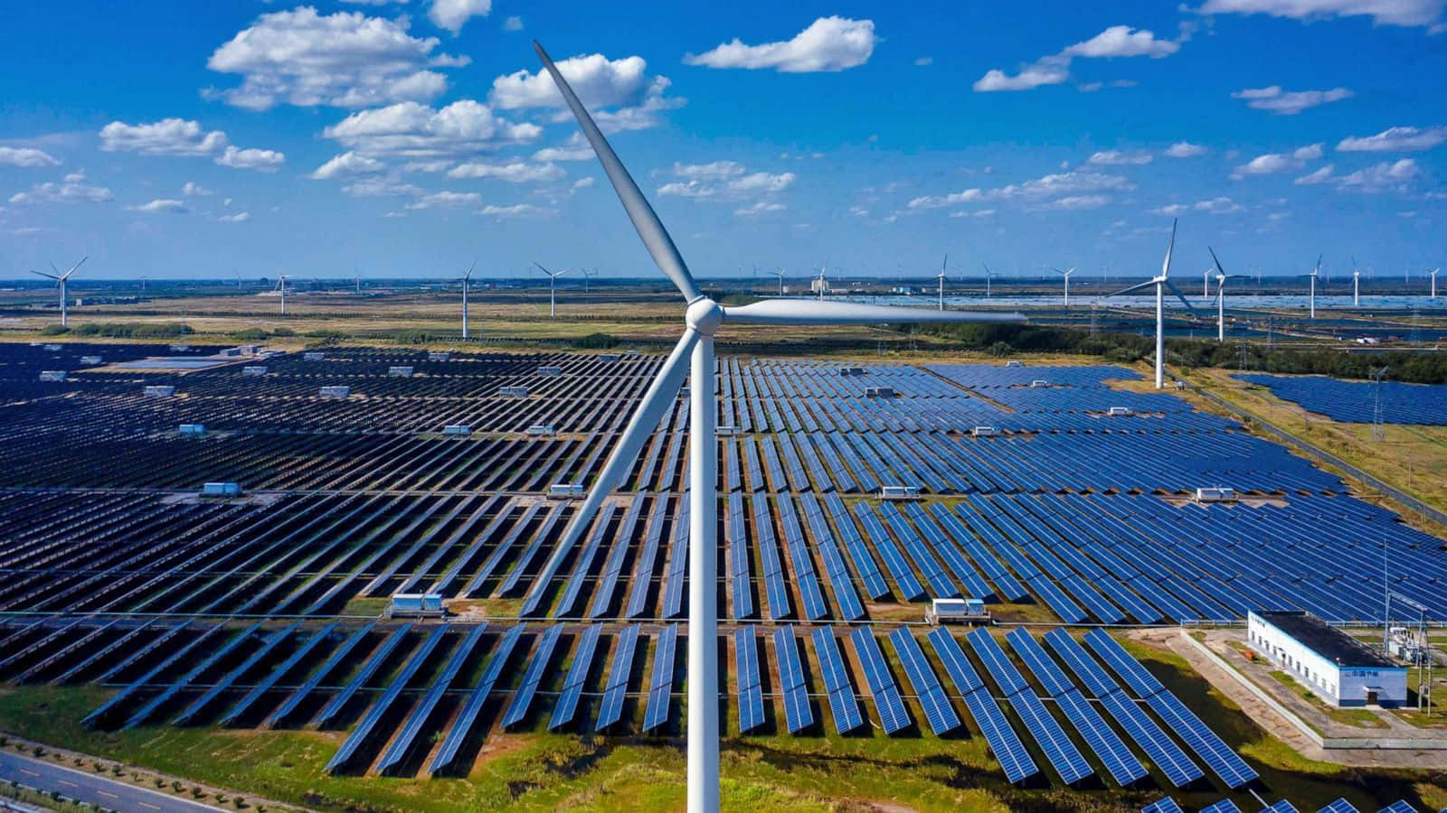 solar panel fields, wind turbines, bright blue sky, HD Desktop Wallpaper