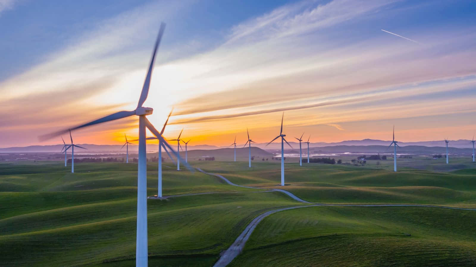 wind turbines, rolling green hills, sunset, HD Desktop Wallpaper