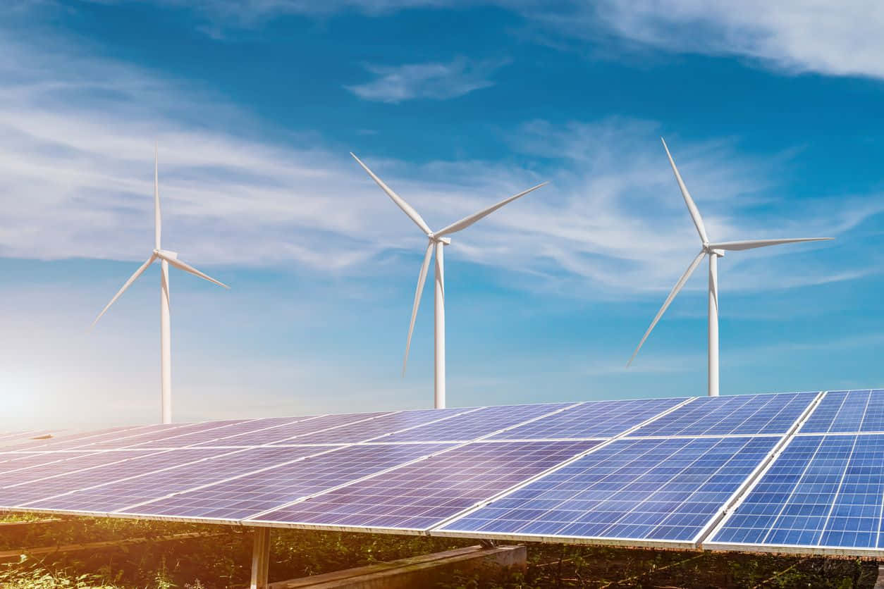 blue solar panels, bright blue sky, white wind turbines, SD Desktop Wallpaper
