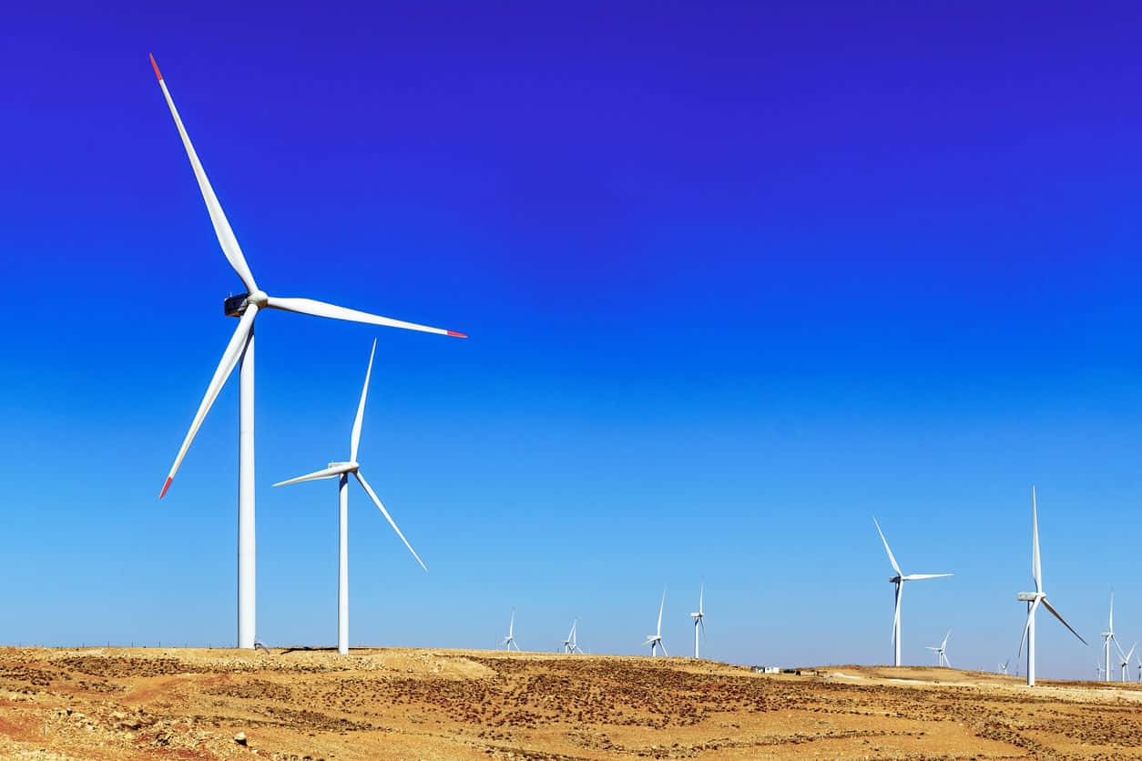 white wind turbines, vivid blue sky, dry golden landscape, SD Desktop Wallpaper
