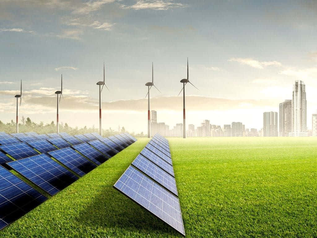 solar panels, wind turbines, vibrant green field, SD Desktop Wallpaper