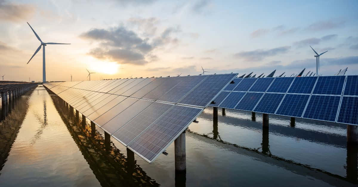 solar panels, wind turbines, golden sunset sky, SD Desktop Wallpaper
