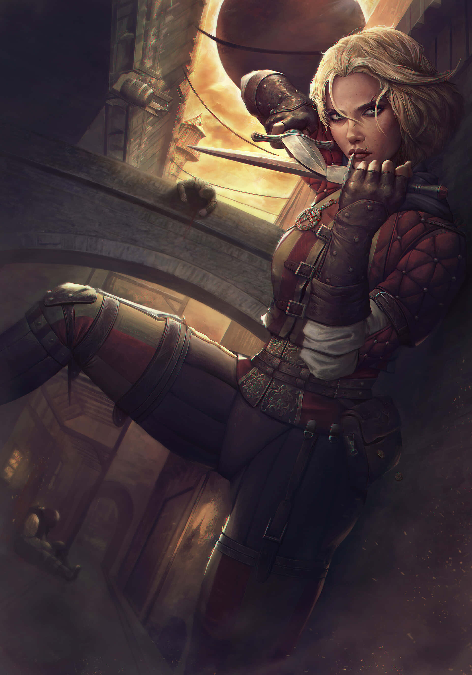 Renfri, warrior woman, red and brown armor, 2K Phone Wallpaper