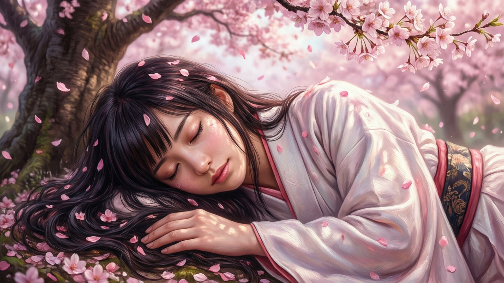 Renge Houshakuji, cherry blossoms, sleeping, Full HD Desktop Wallpaper