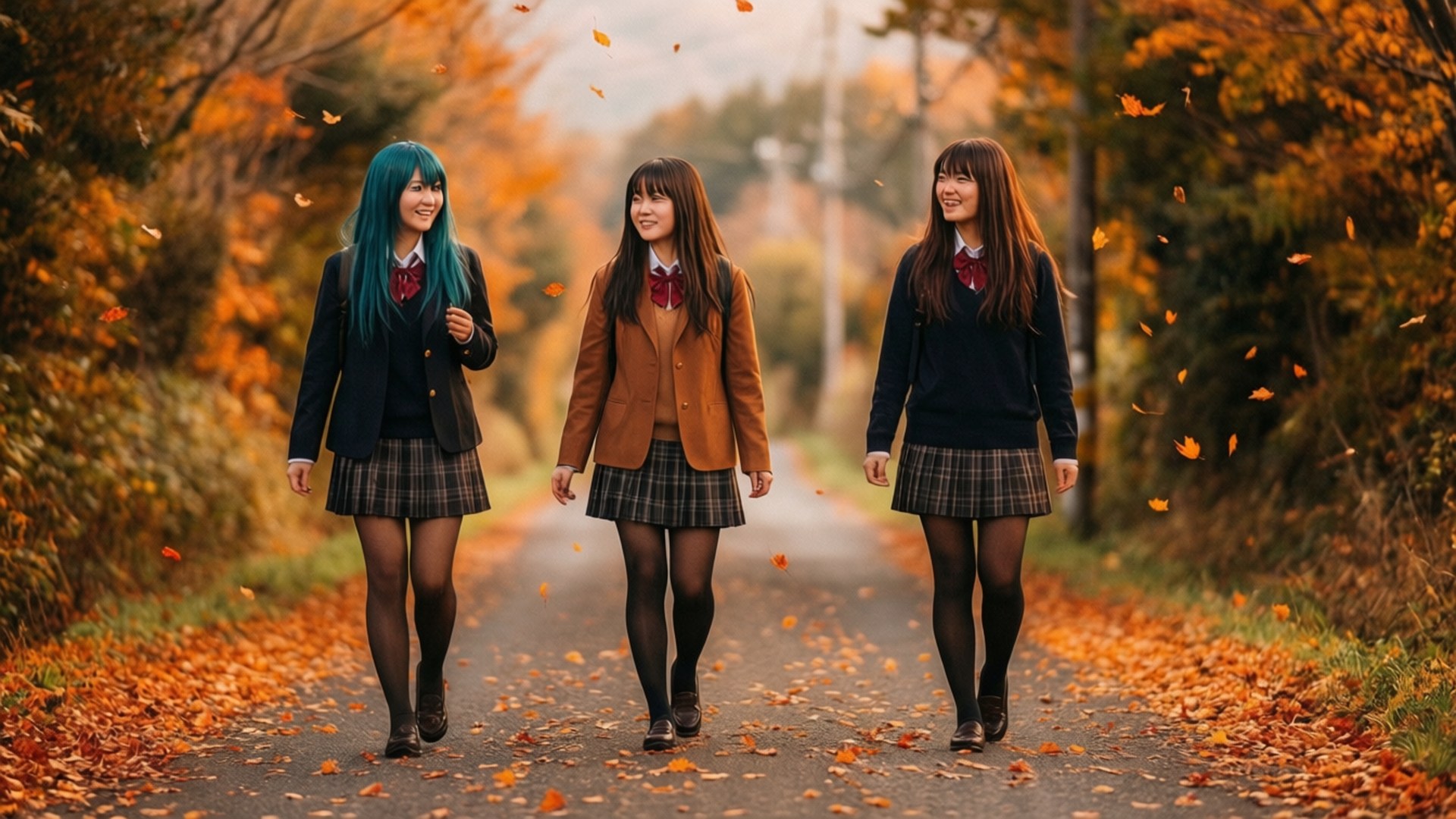 Renge Houshakuji, autumn road, friends, Full HD Desktop Wallpaper