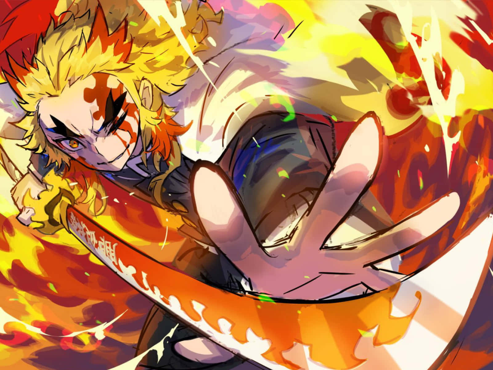 Rengoku Aesthetic, fiery-haired anime warrior, flaming sword, HD Desktop Wallpaper