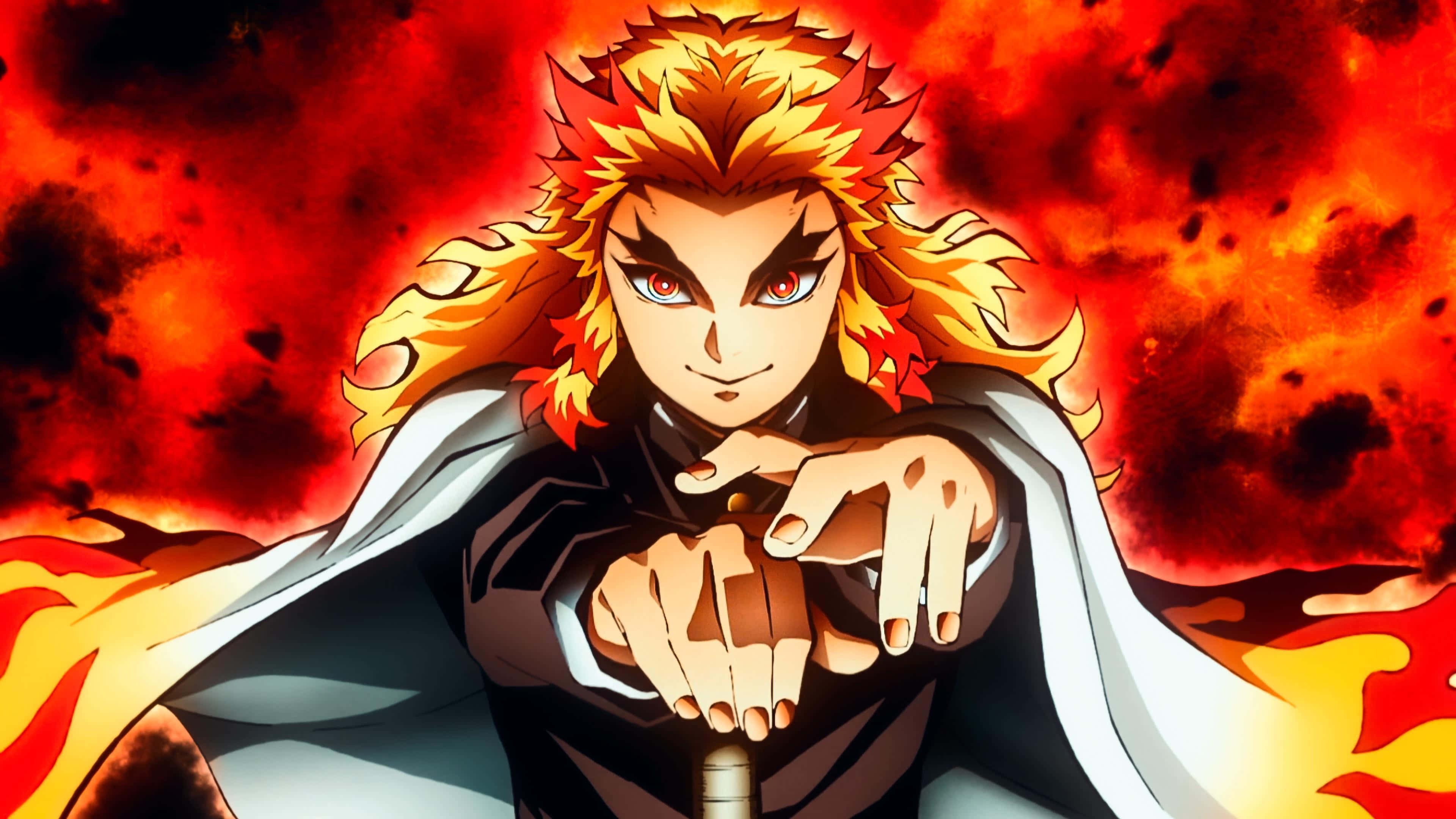 Rengoku Aesthetic, fiery-haired anime warrior, white cloak, 4K Desktop Wallpaper
