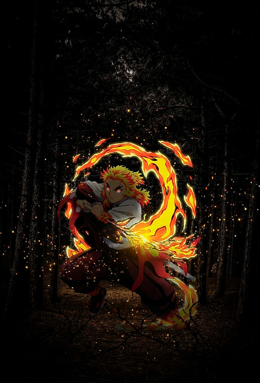 Rengoku Aesthetic, fiery anime warrior, glowing orange flames, HD Phone Wallpaper