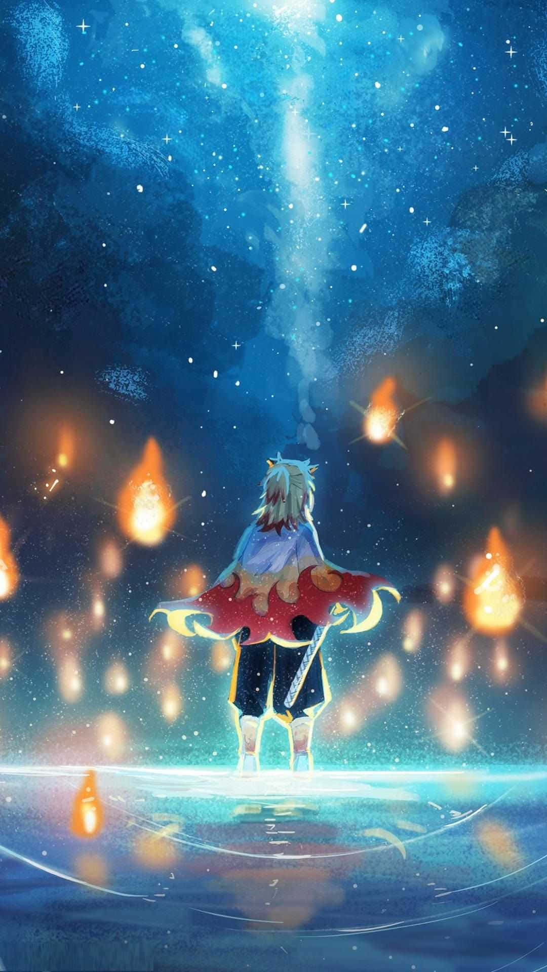 Rengoku Aesthetic, white hair, glowing platform, Full HD Phone Wallpaper