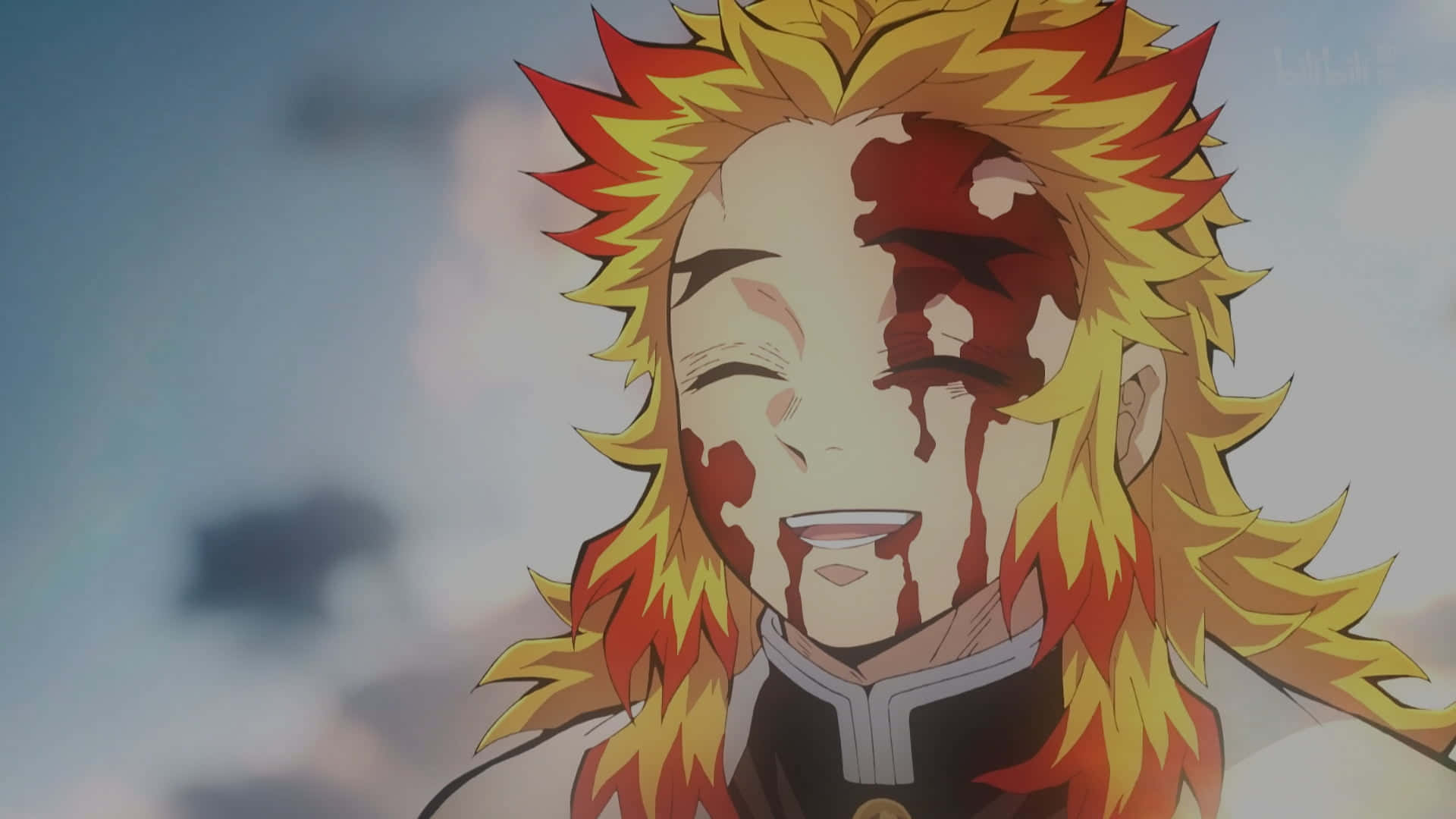 Rengoku Aesthetic, fiery blonde hair, blood streaked across his face, Full HD Desktop Wallpaper