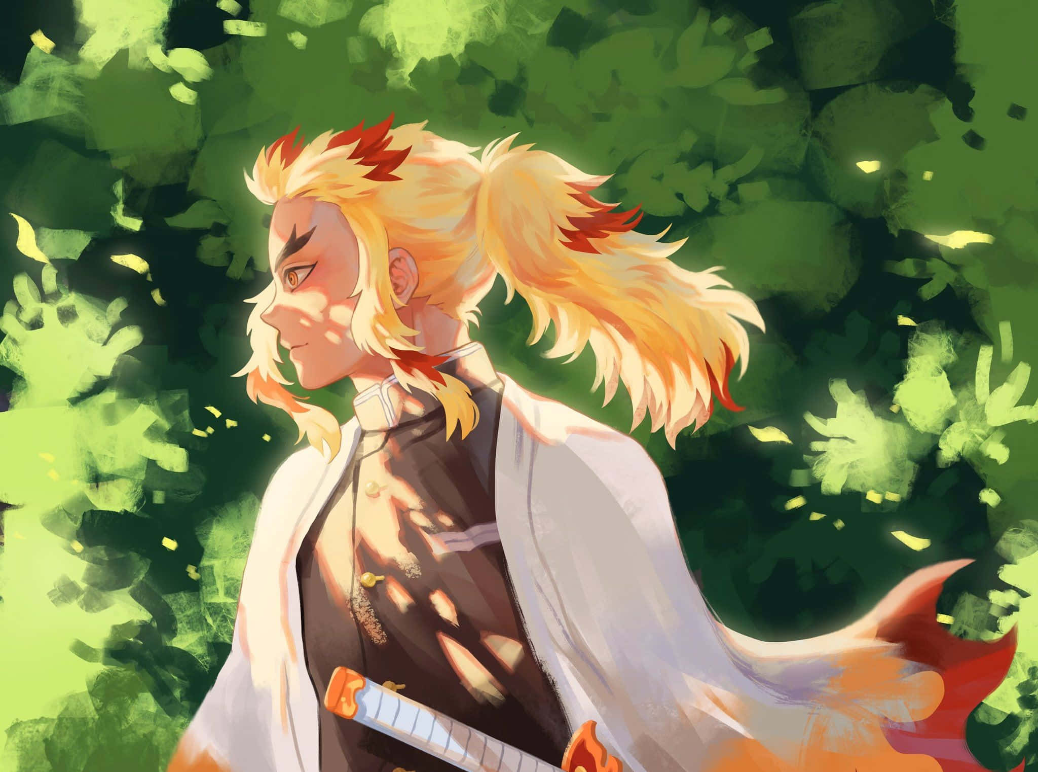 Rengoku Aesthetic, flames of passion, fiery-haired anime warrior, Full HD Desktop Wallpaper