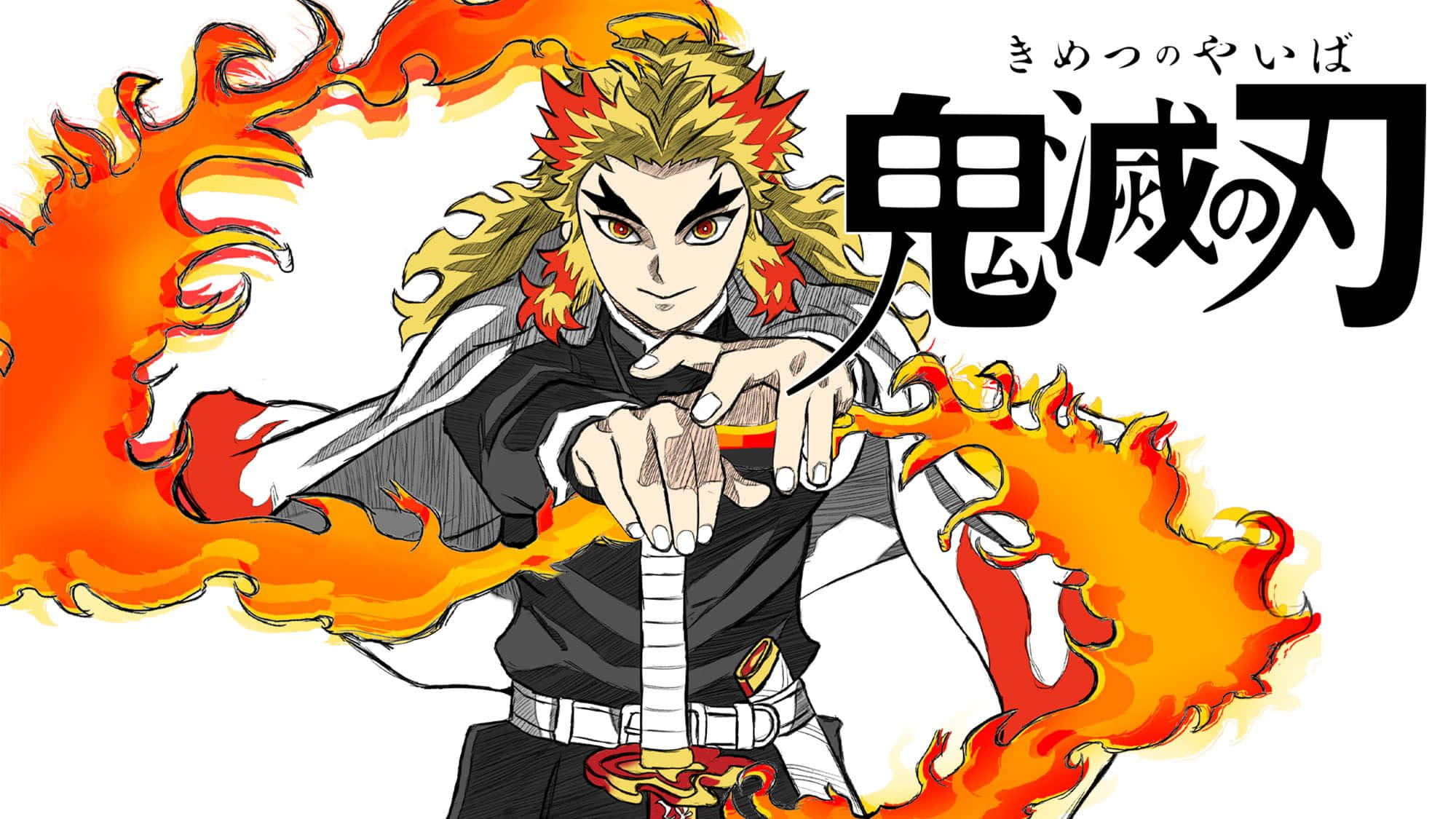 Rengoku, fiery-haired anime warrior, black uniform, Full HD Desktop Wallpaper