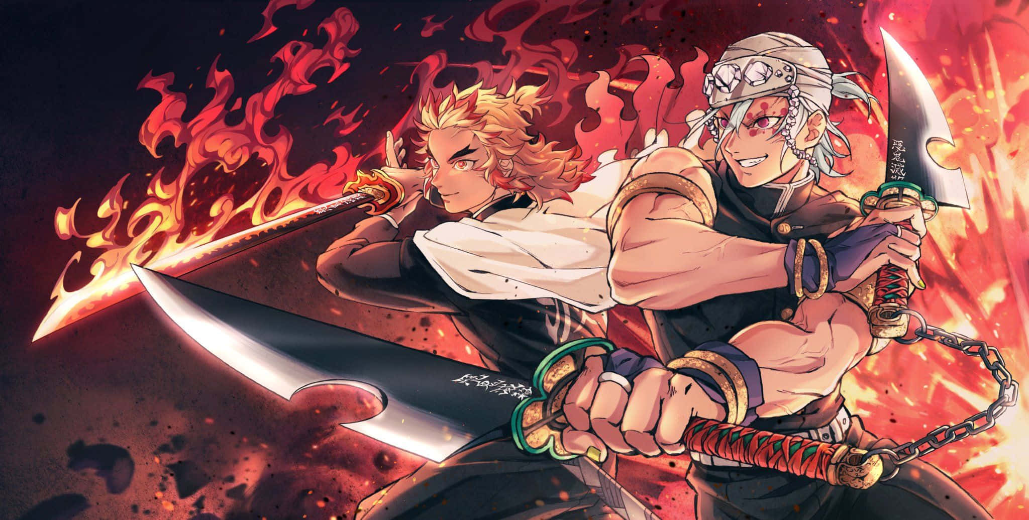 Rengoku, Tengen, flaming swords, Full HD Desktop Wallpaper