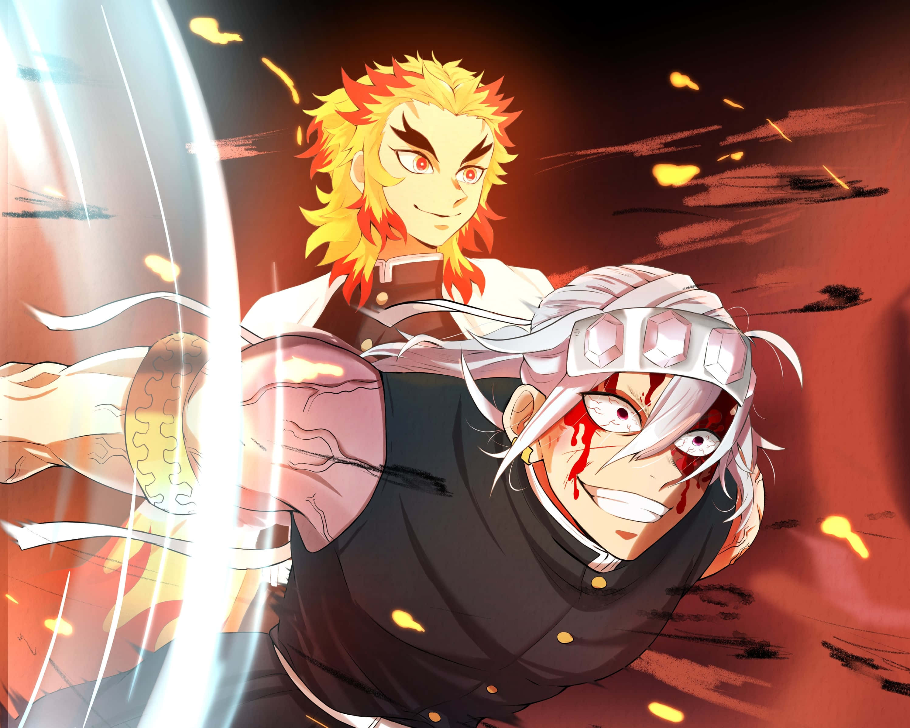 Rengoku, Tengen, glowing blades, 2K Desktop Wallpaper