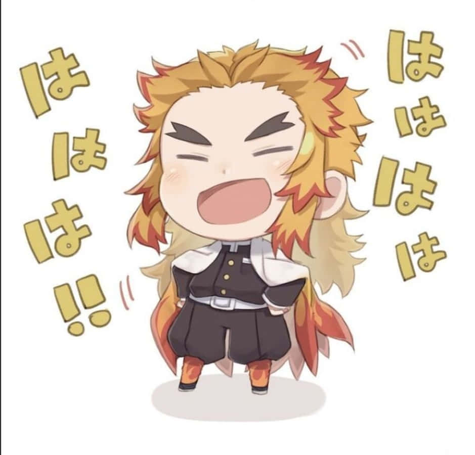 Rengoku Chibi, spiky orange hair, Japanese onomatopoeia text, SD Desktop Wallpaper