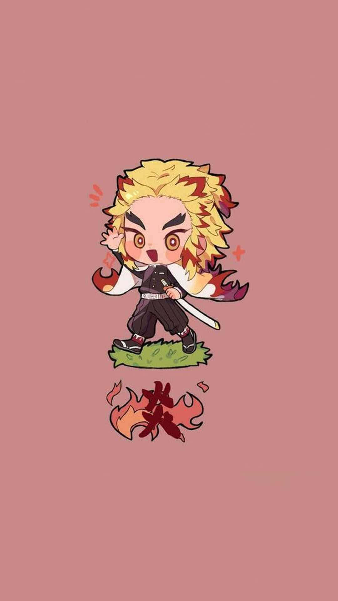 Rengoku, Chibi-style illustration, spiky blonde hair, Full HD Phone Wallpaper