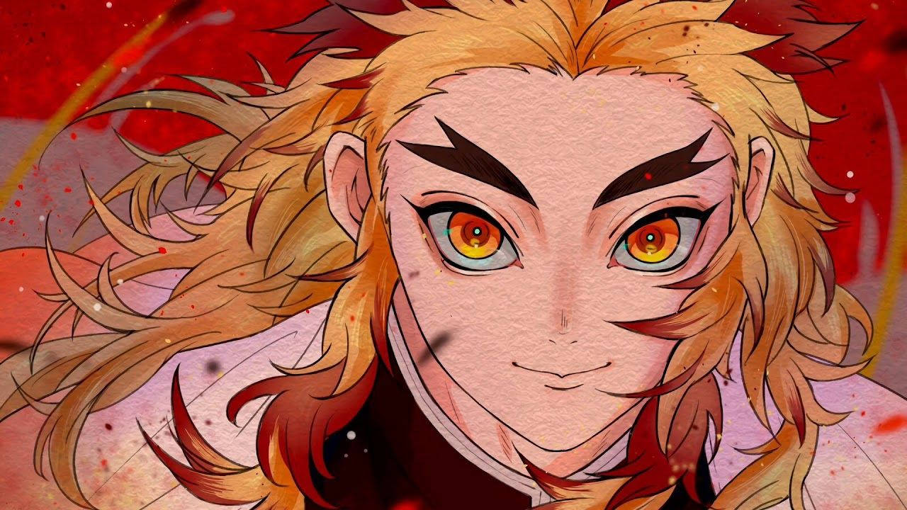 Rengoku, fiery-haired anime warrior, intense amber eyes, HD Desktop Wallpaper