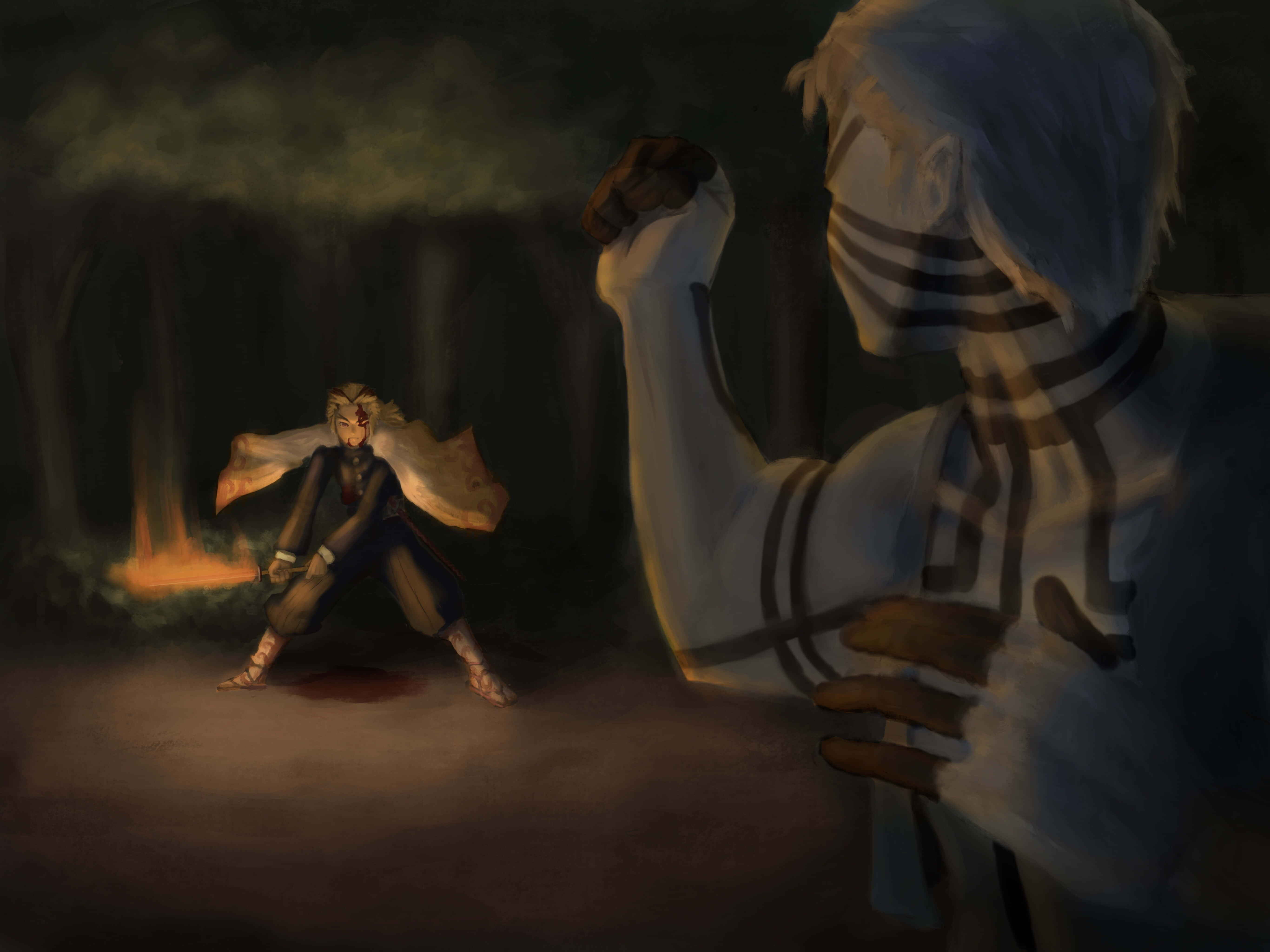 Rengoku, white with black stripes, glowing fire, 5K Desktop Wallpaper