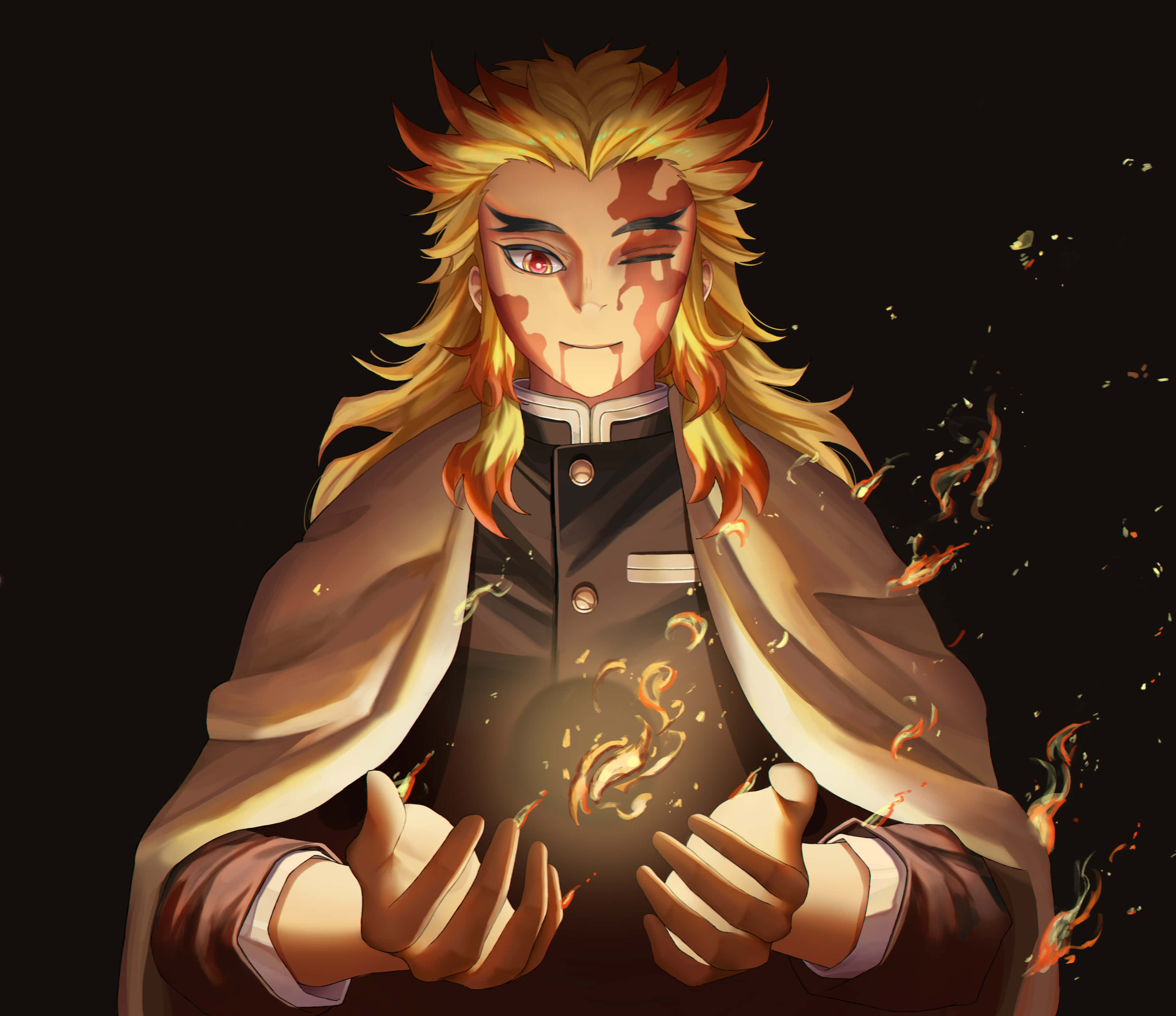 Rengoku, flaming orange flames, dark uniform, 2K Desktop Wallpaper