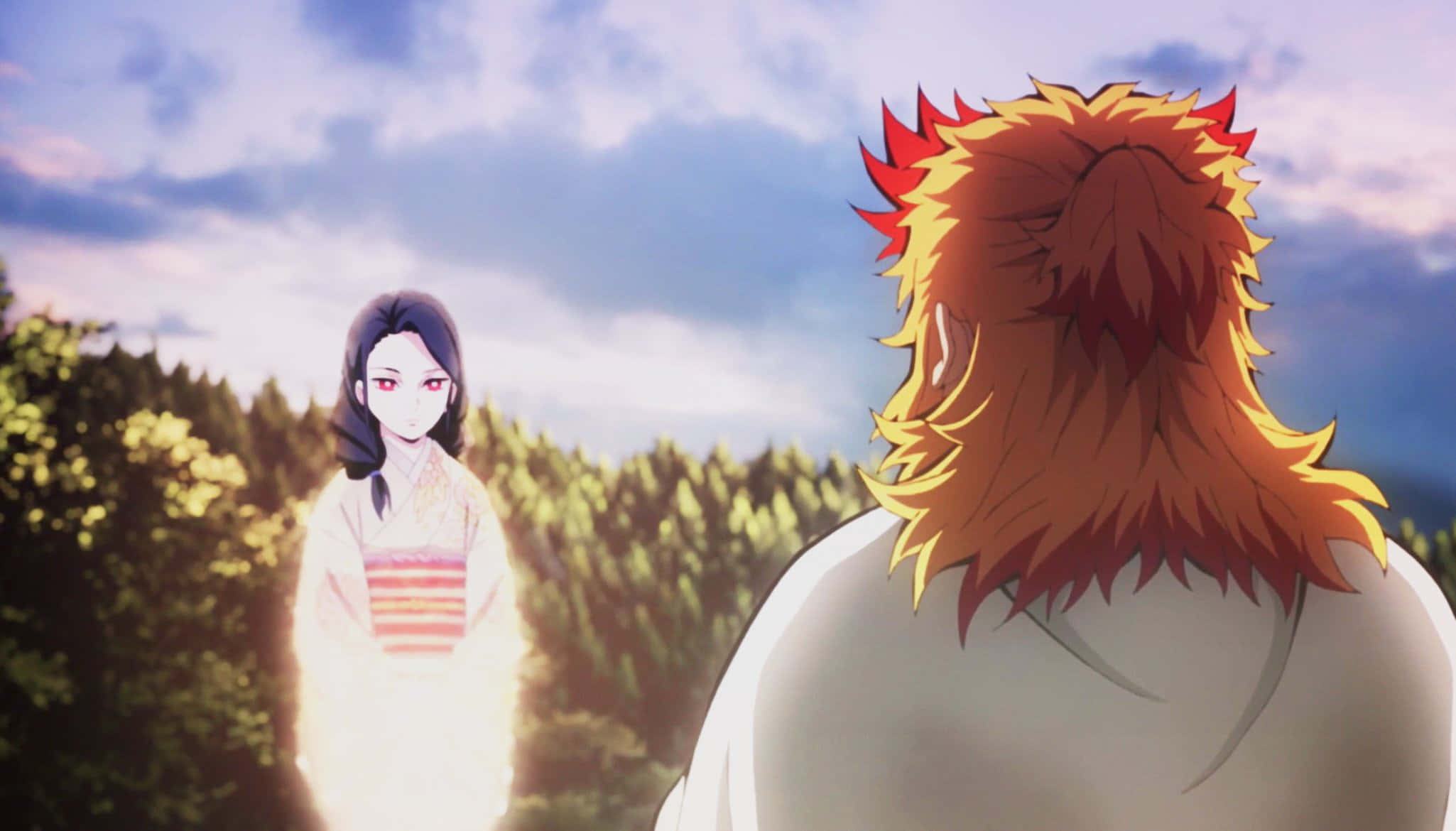 Rengoku, fiery-haired anime character, glowing figure, Full HD Desktop Wallpaper