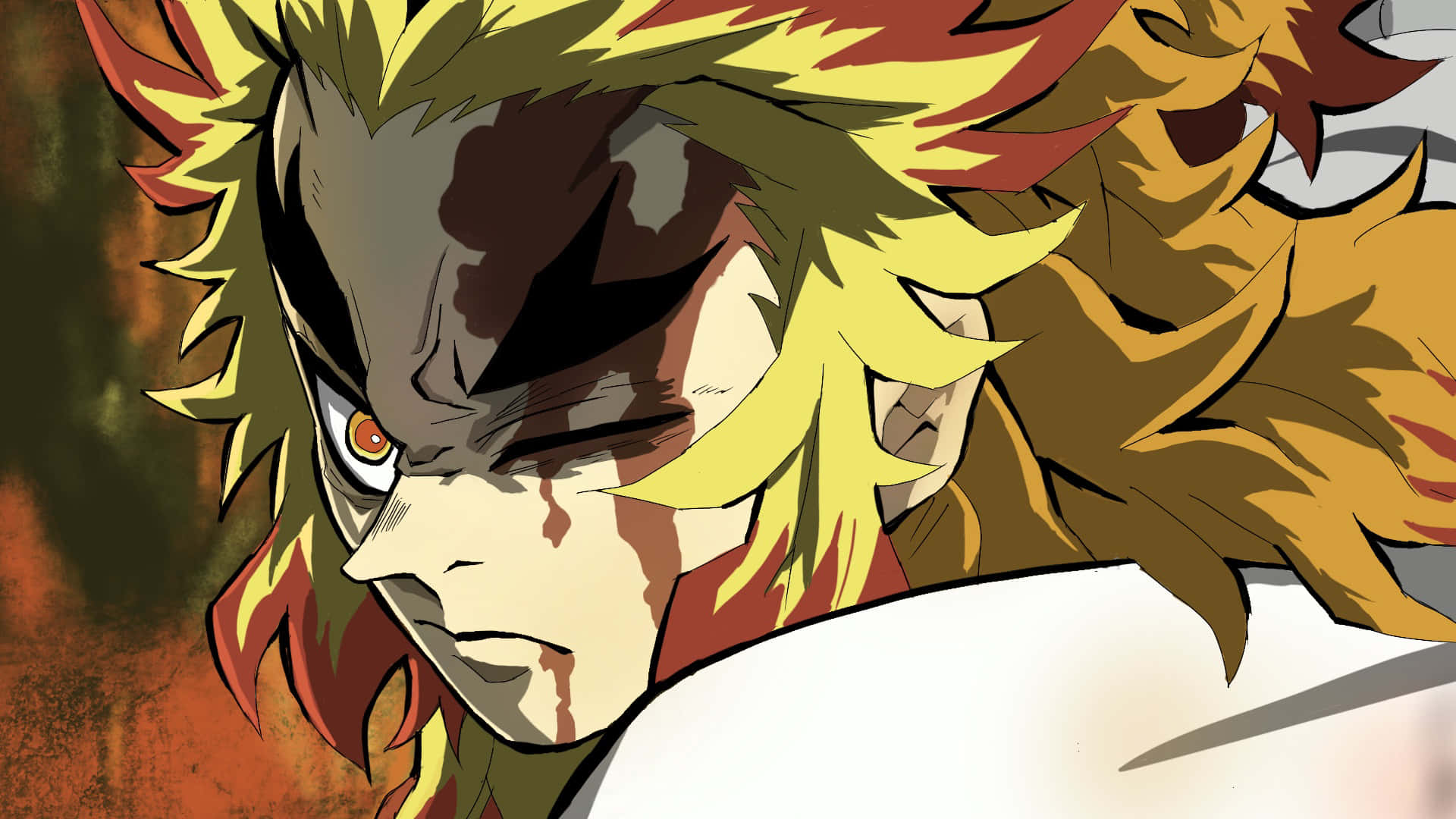Rengoku, spiky yellow and red hair, bloodied face, Full HD Desktop Wallpaper