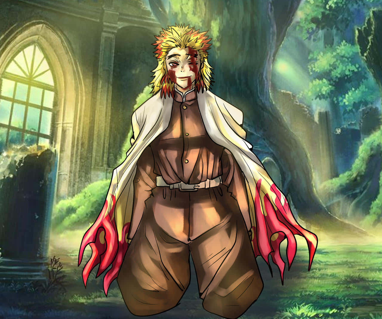 Rengoku, sunlit forest, fiery-haired anime warrior, HD Desktop Wallpaper