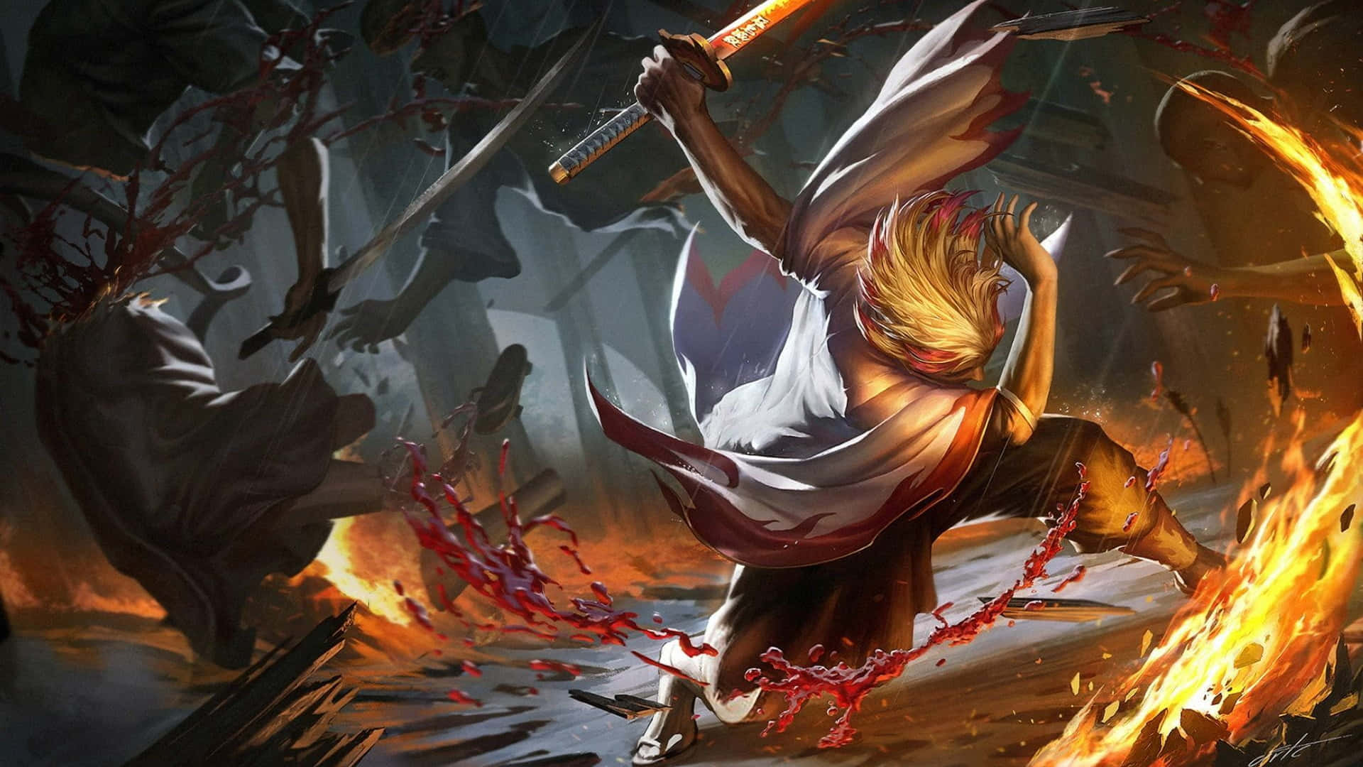 Rengoku, fiery-haired warrior, dark shadows, Full HD Desktop Wallpaper