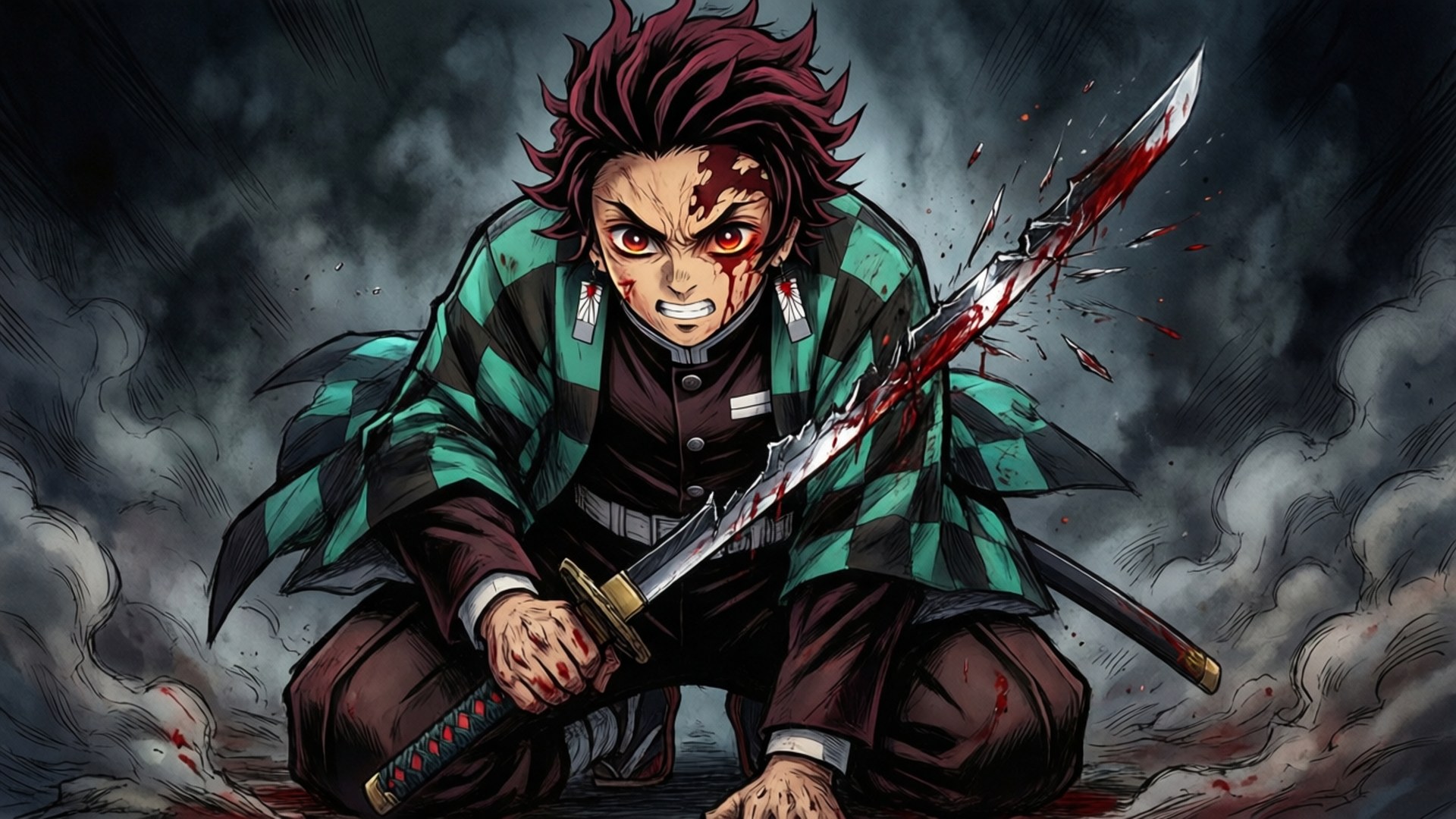 Rengoku, red eyes, bloodied sword, Full HD Desktop Wallpaper