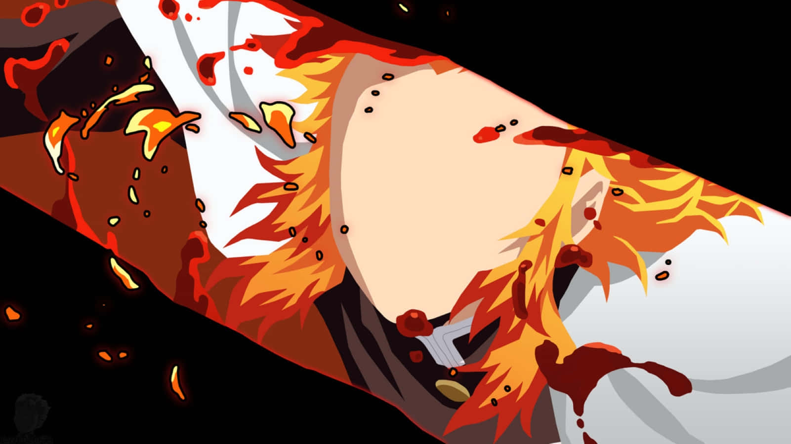 Rengoku Minimalist, fiery-haired anime character, blood splatters, HD Desktop Wallpaper