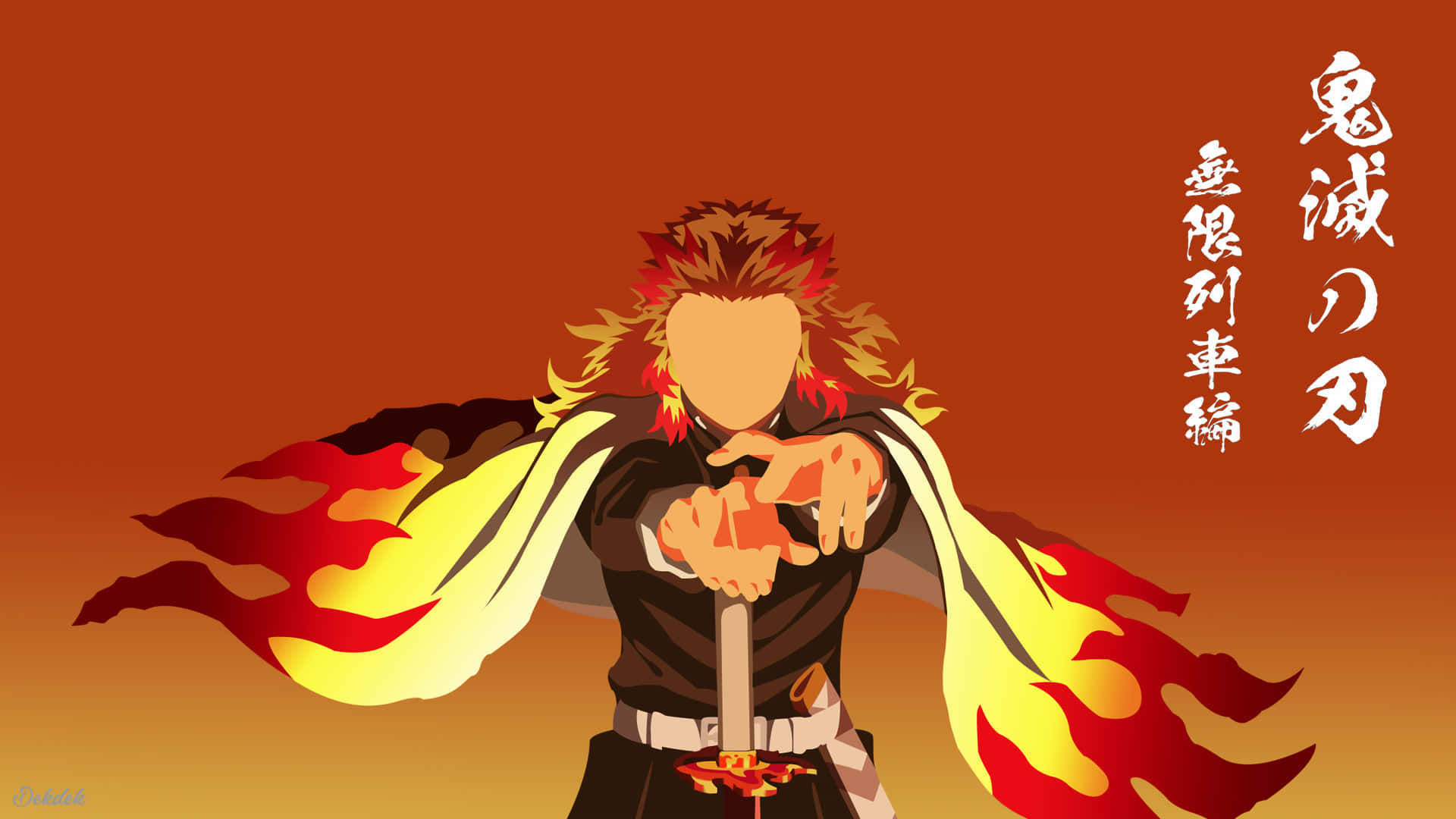 Rengoku Minimalist, fiery red hair, flame-patterned cloak, Full HD Desktop Wallpaper