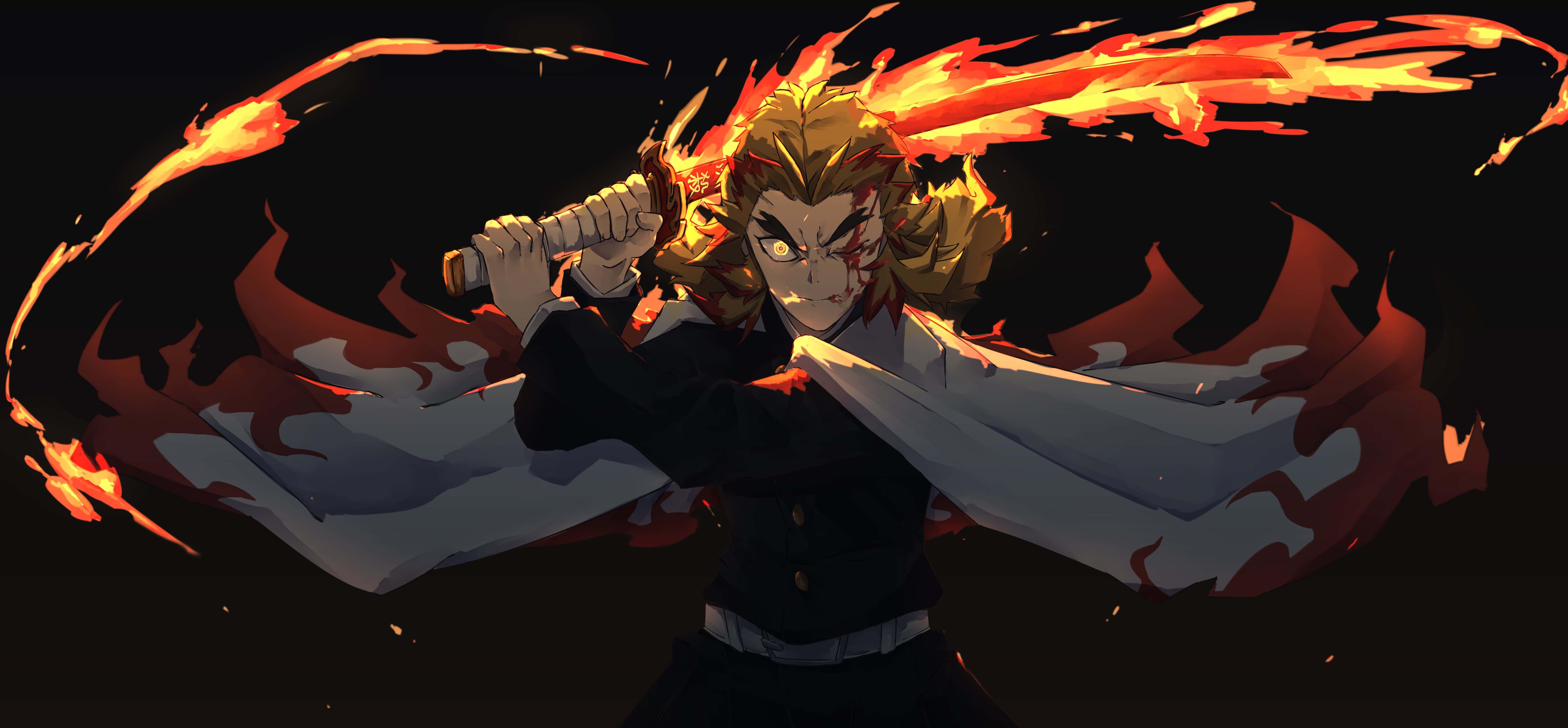 Rengoku Minimalist, fiery-haired anime warrior, black uniform, 5K Desktop Wallpaper