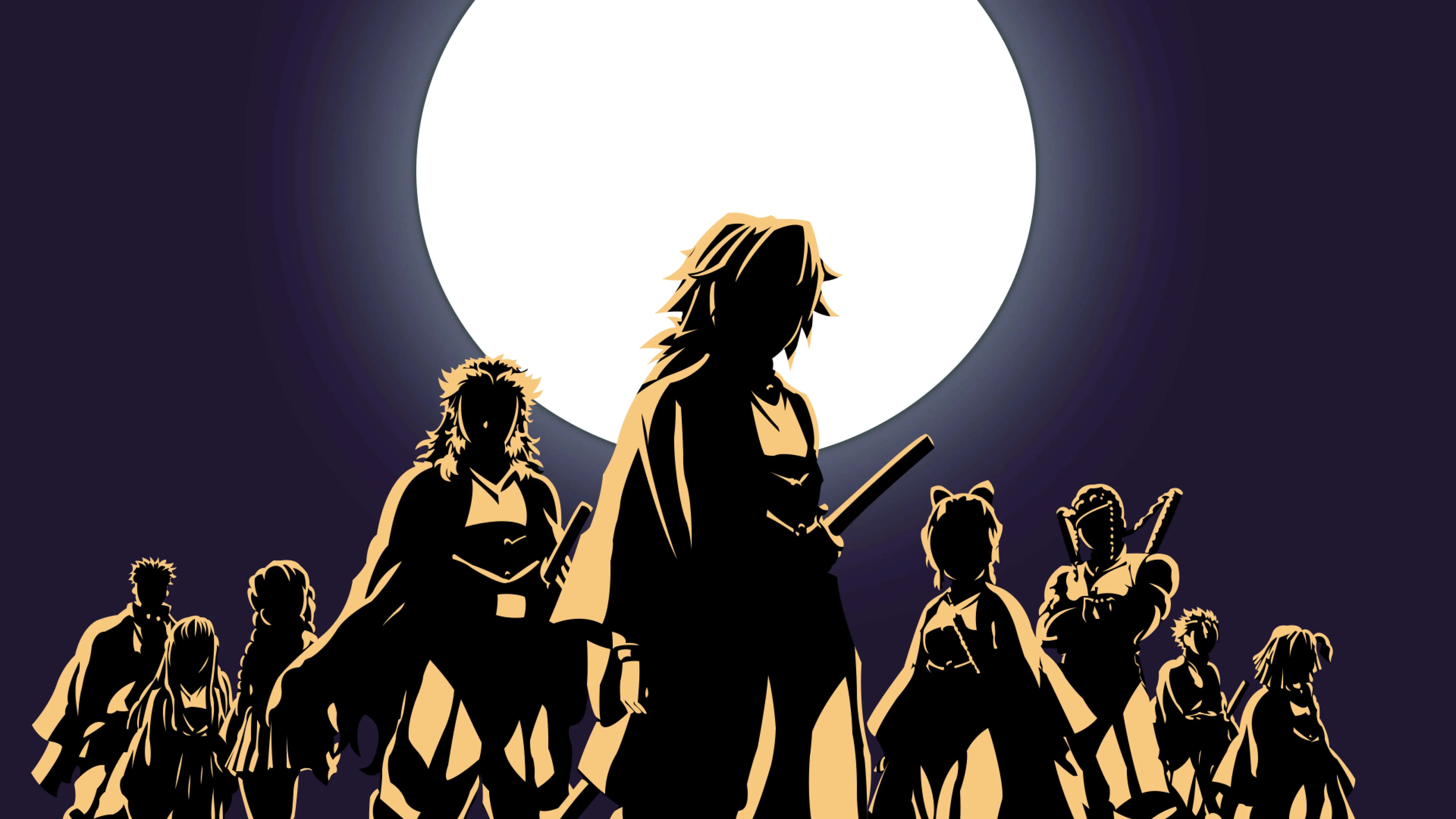 Rengoku Minimalist, anime warriors, glowing full moon, 5K Desktop Wallpaper