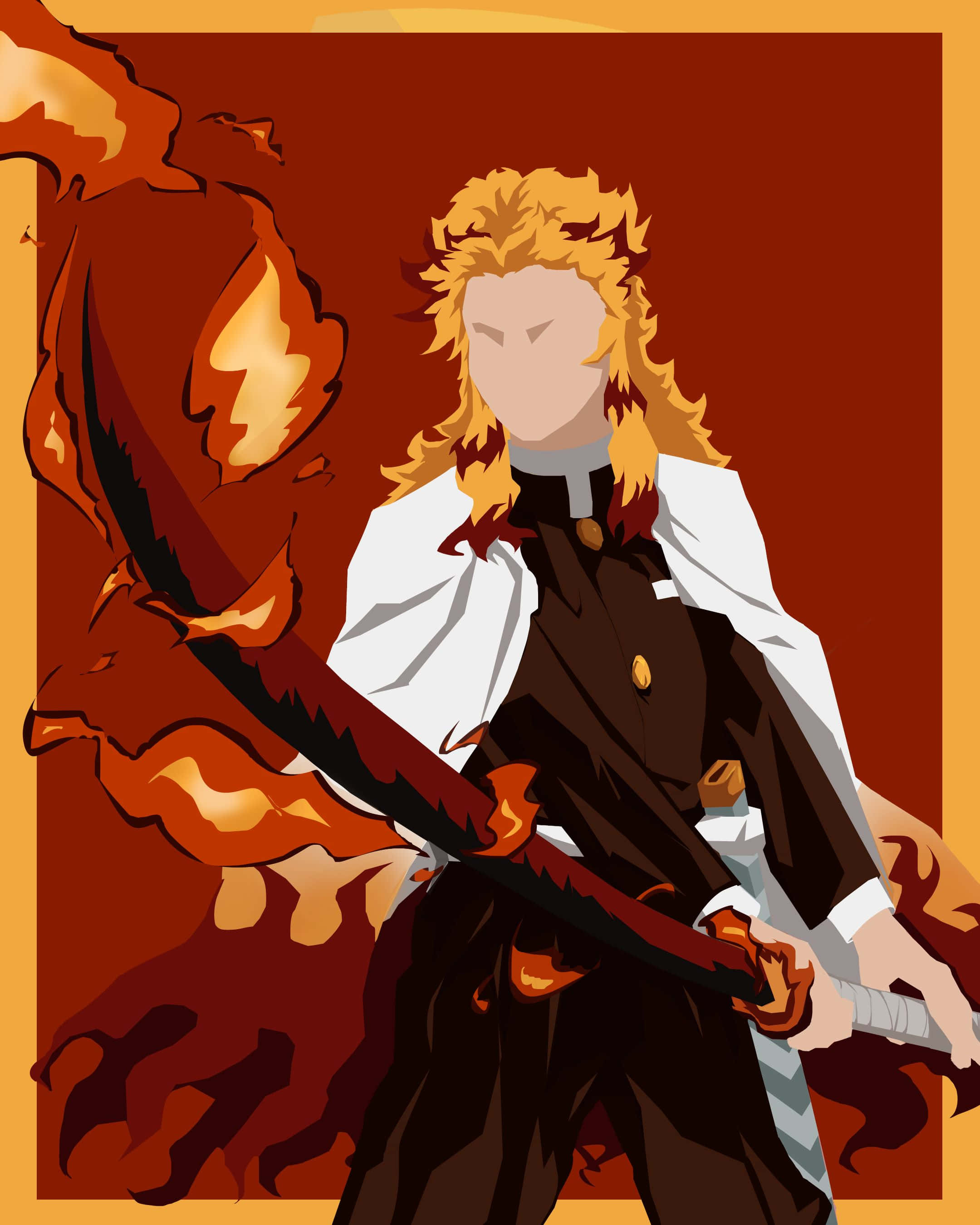 Rengoku Minimalist, fiery-haired anime warrior, dark uniform, 2K Phone Wallpaper