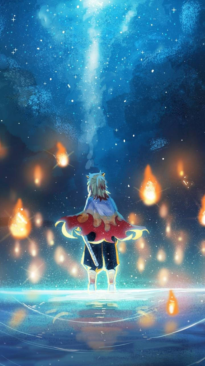 Rengoku, starry blue sky, glowing platform, HD Phone Wallpaper