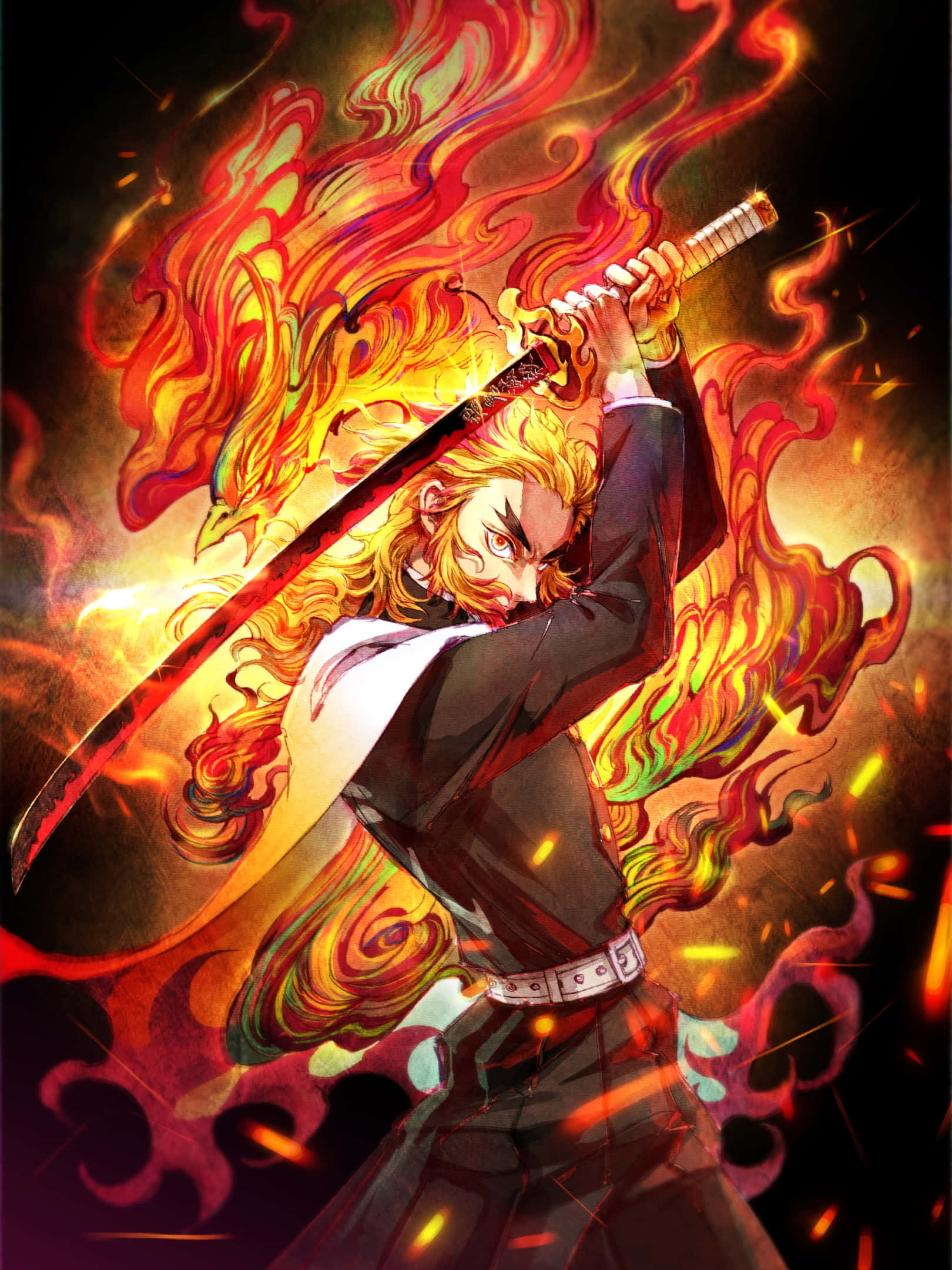 Rengoku Sword, fiery-haired anime warrior, black armor, Full HD Phone Wallpaper