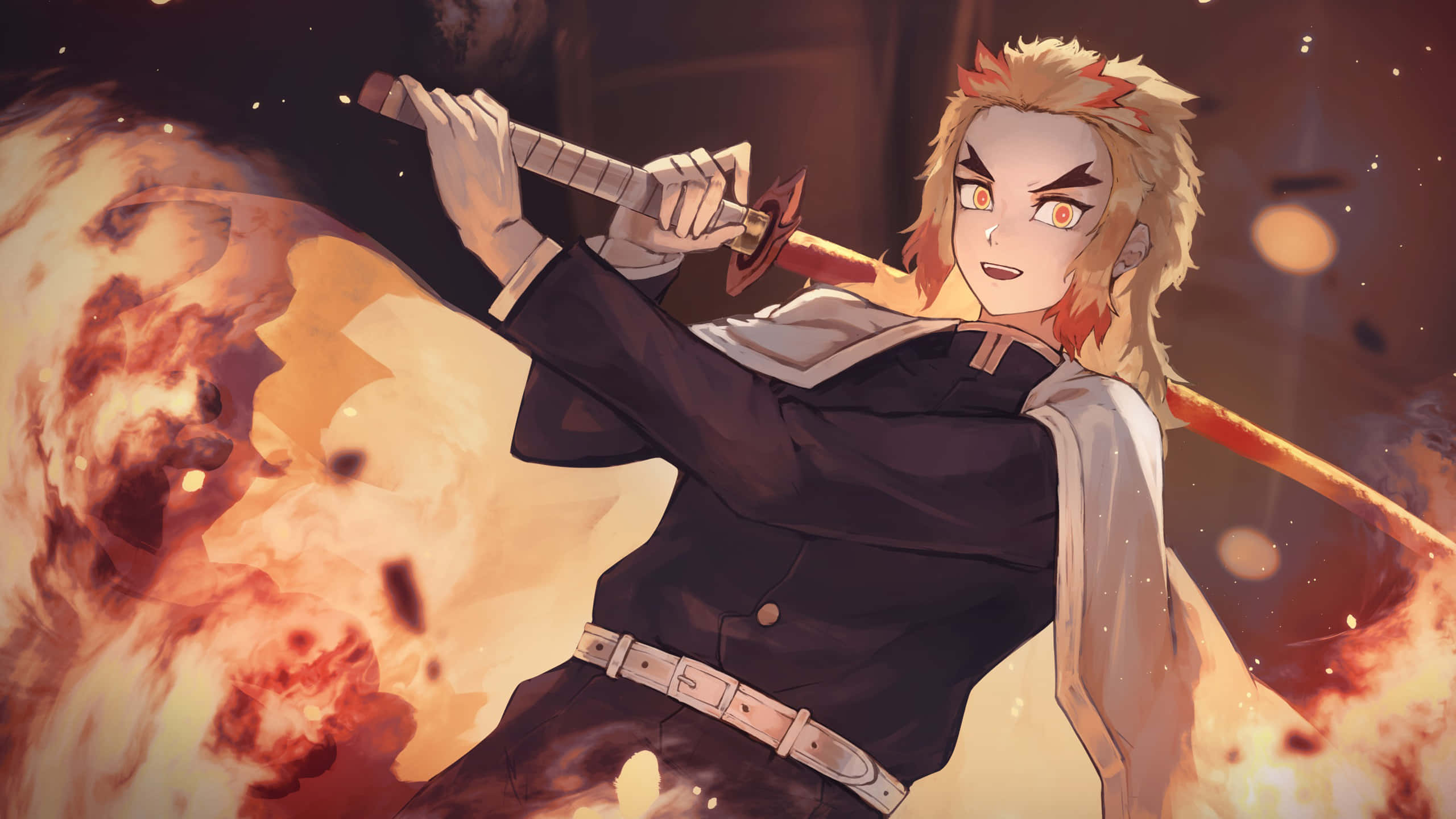 Rengoku Sword, fiery hair, glowing eyes, 2K Desktop Wallpaper