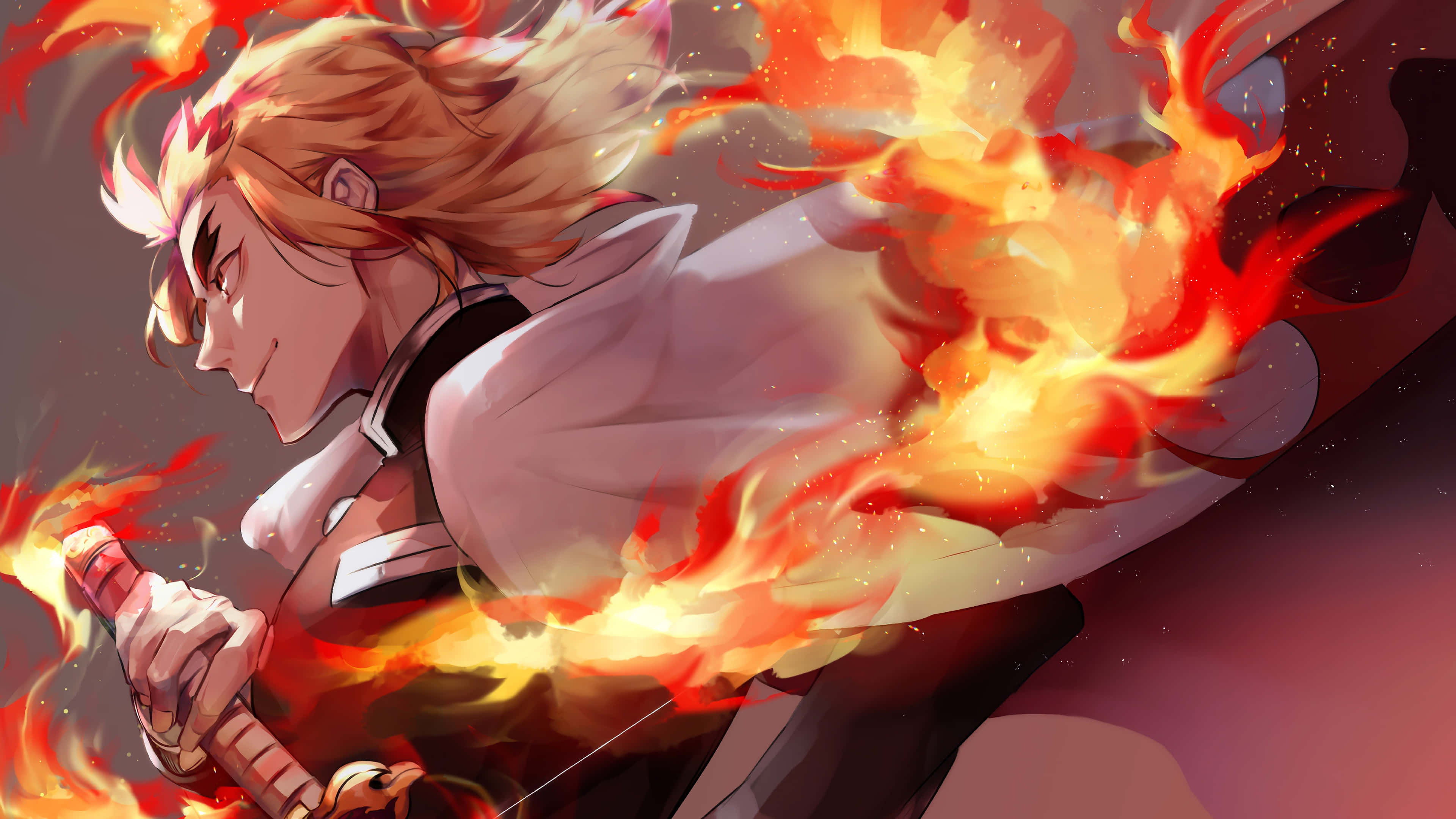 Rengoku Sword, fiery-haired anime warrior, flaming sword, 4K Desktop Wallpaper
