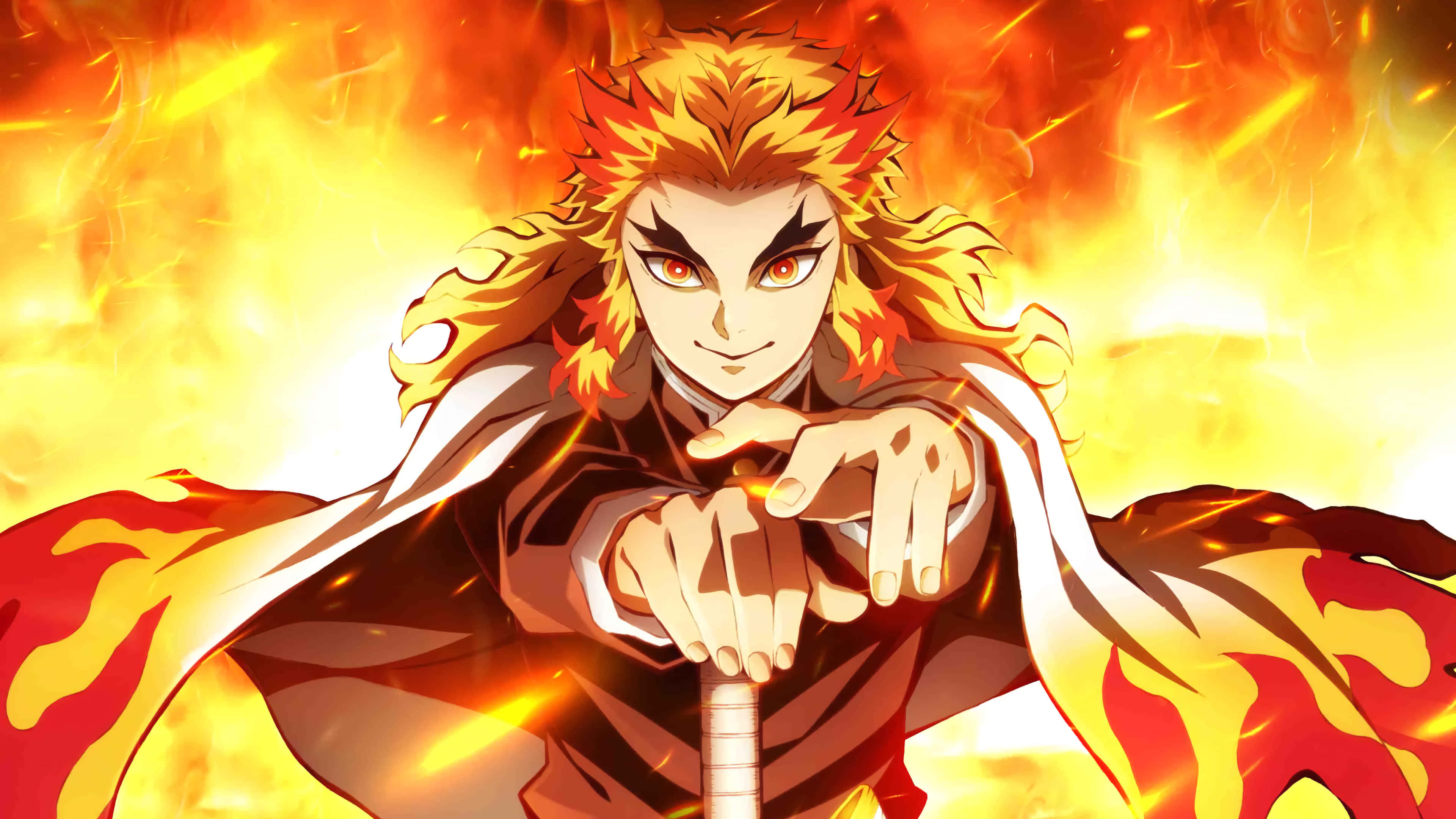 Rengoku, Fiery Sword, flame-patterned cloak, 4K Desktop Wallpaper