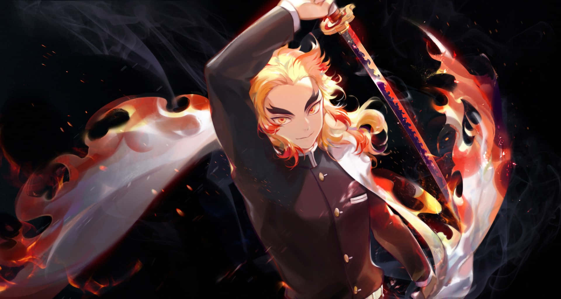 Rengoku, flaming sword, fiery-haired anime warrior, Full HD Desktop Wallpaper