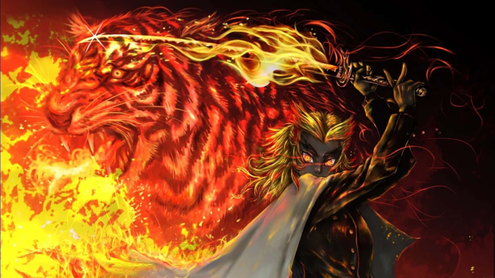 Rengoku Sword, flaming sword, fiery tiger, HD Desktop Wallpaper