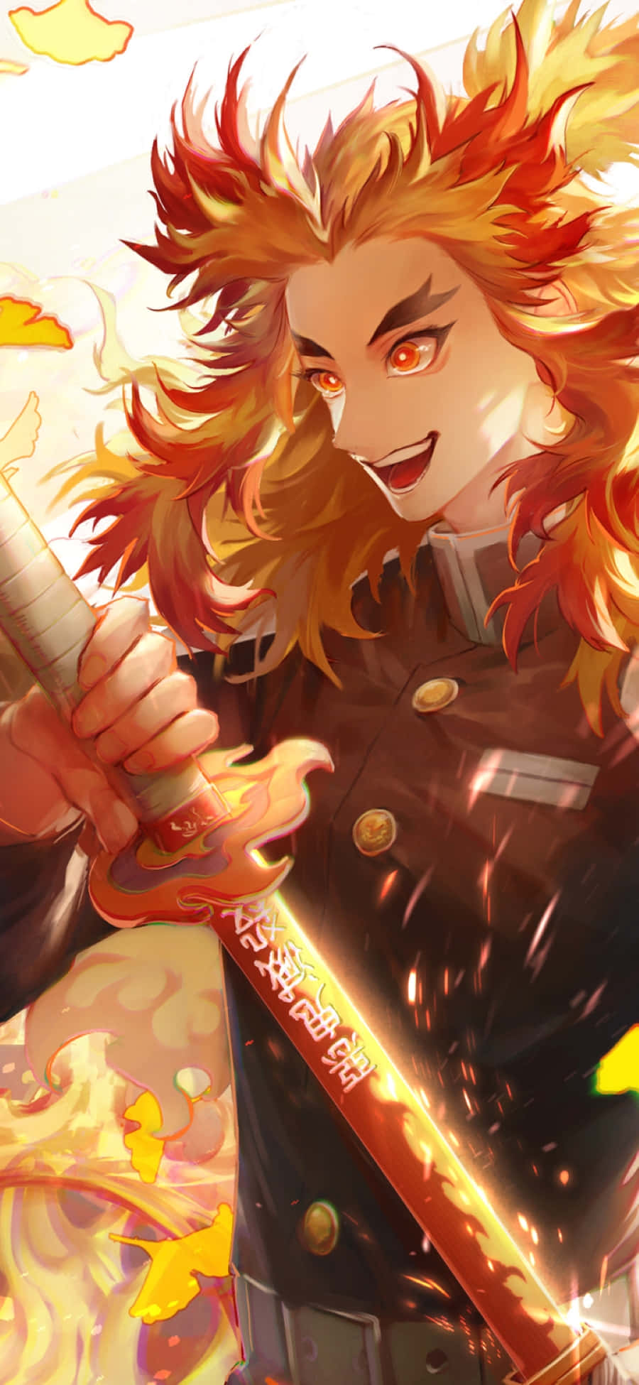 Rengoku Sword, fiery-haired anime warrior, glowing sword, Full HD Phone Wallpaper