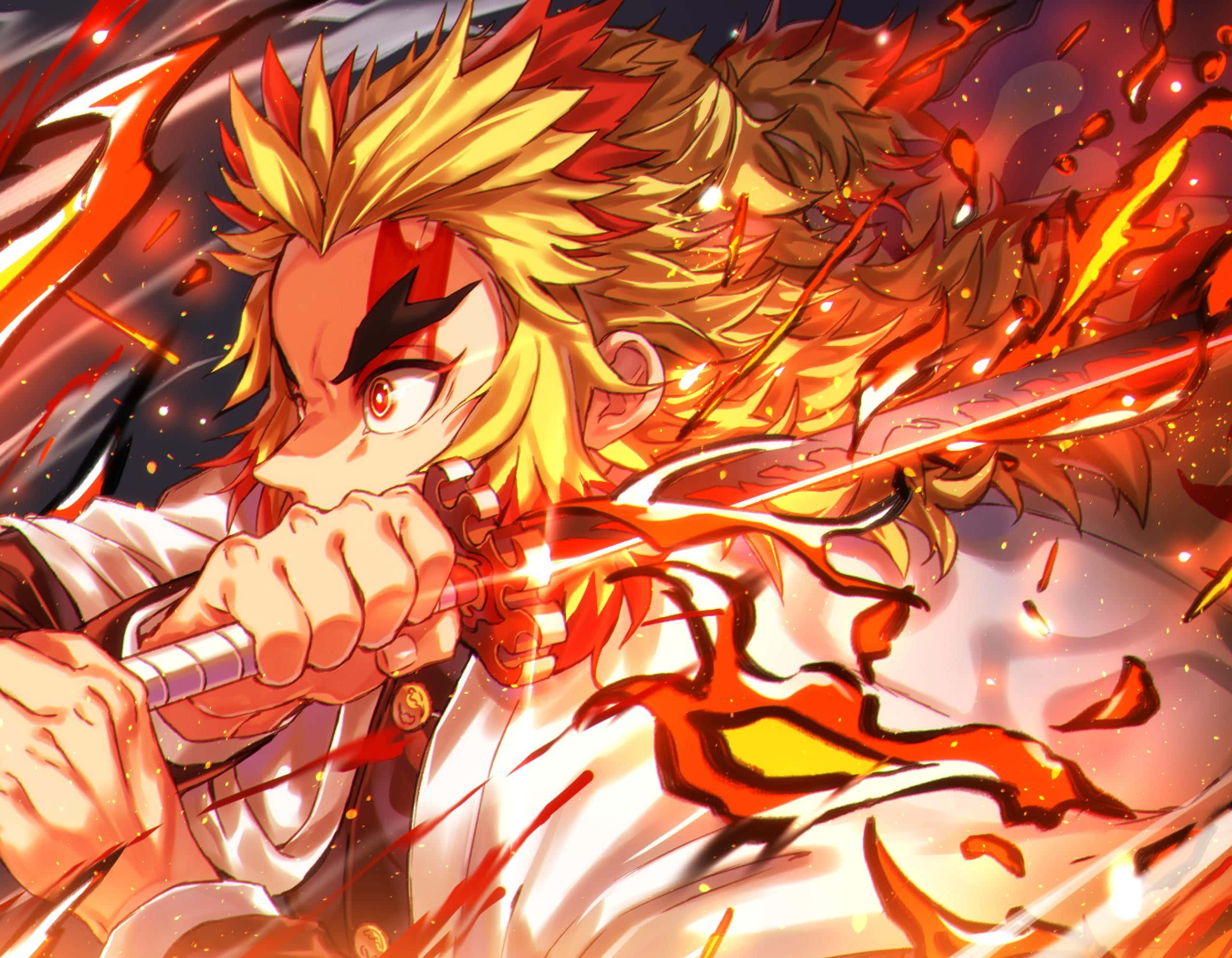 Rengoku, Fiery Sword, explosive orange flames, Full HD Desktop Wallpaper