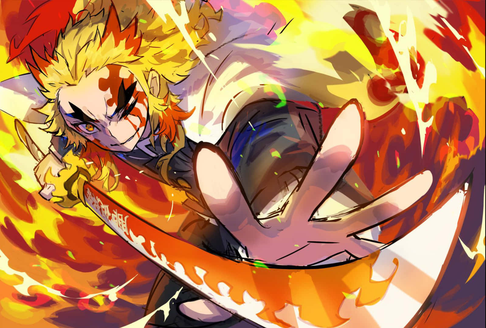 Rengoku Sword, fiery-haired anime warrior, flaming sword, HD Desktop Wallpaper