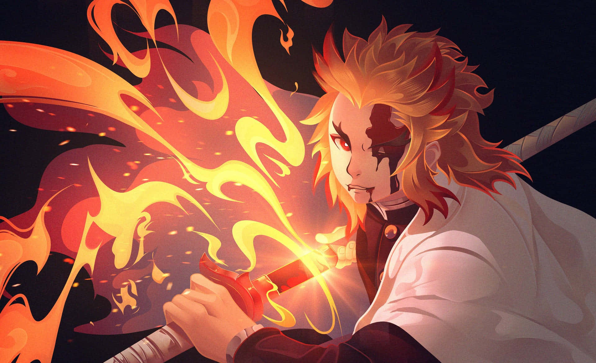 Rengoku, Fiery Blade, glowing sword, Full HD Desktop Wallpaper